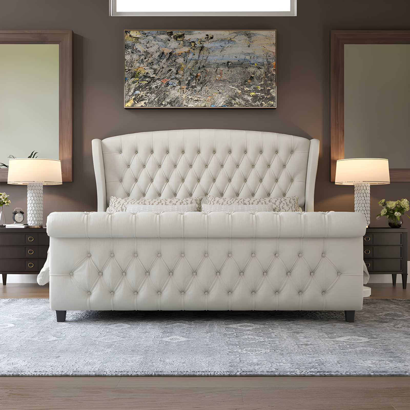 Dulane Chenille Upholstered Sleigh Bed with Scroll Wingback Headboard