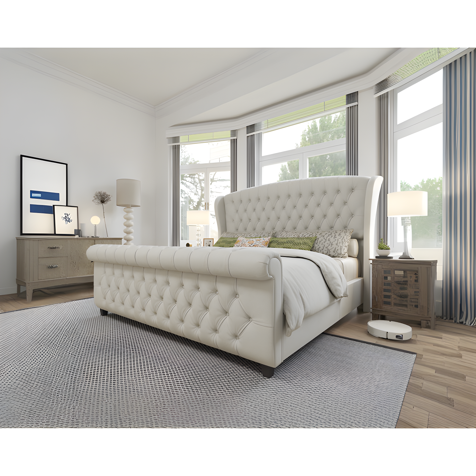 Dulane Chenille / Velvet Upholstered Sleigh Bed with Scroll Wingback Headboard