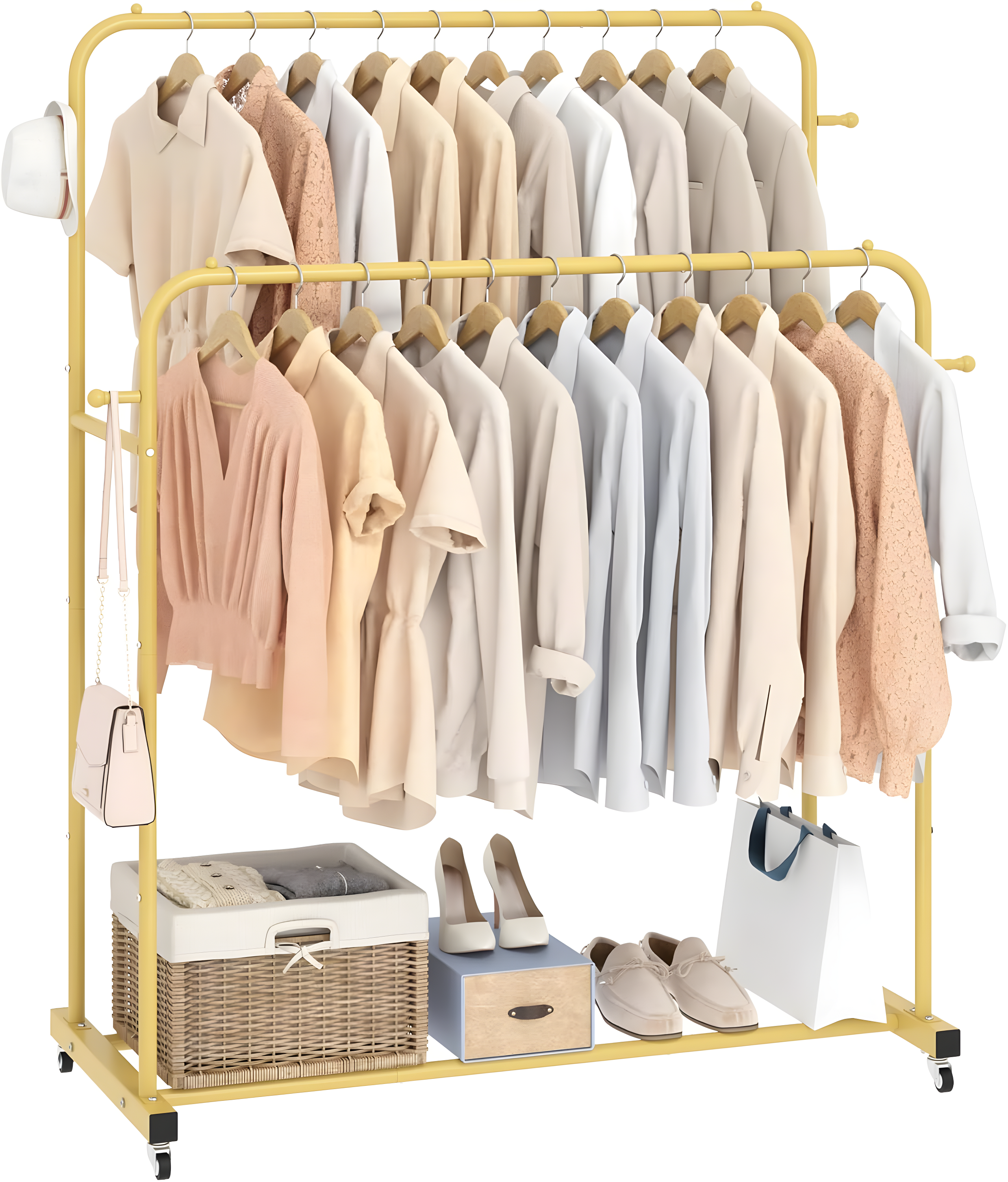 Laiensia Double Rods Garment Rack with Wheels, Clothing Rack for Hanging Clothes,4 Hooks, Multi-Functional Bedroom Clothes Rack, Gold