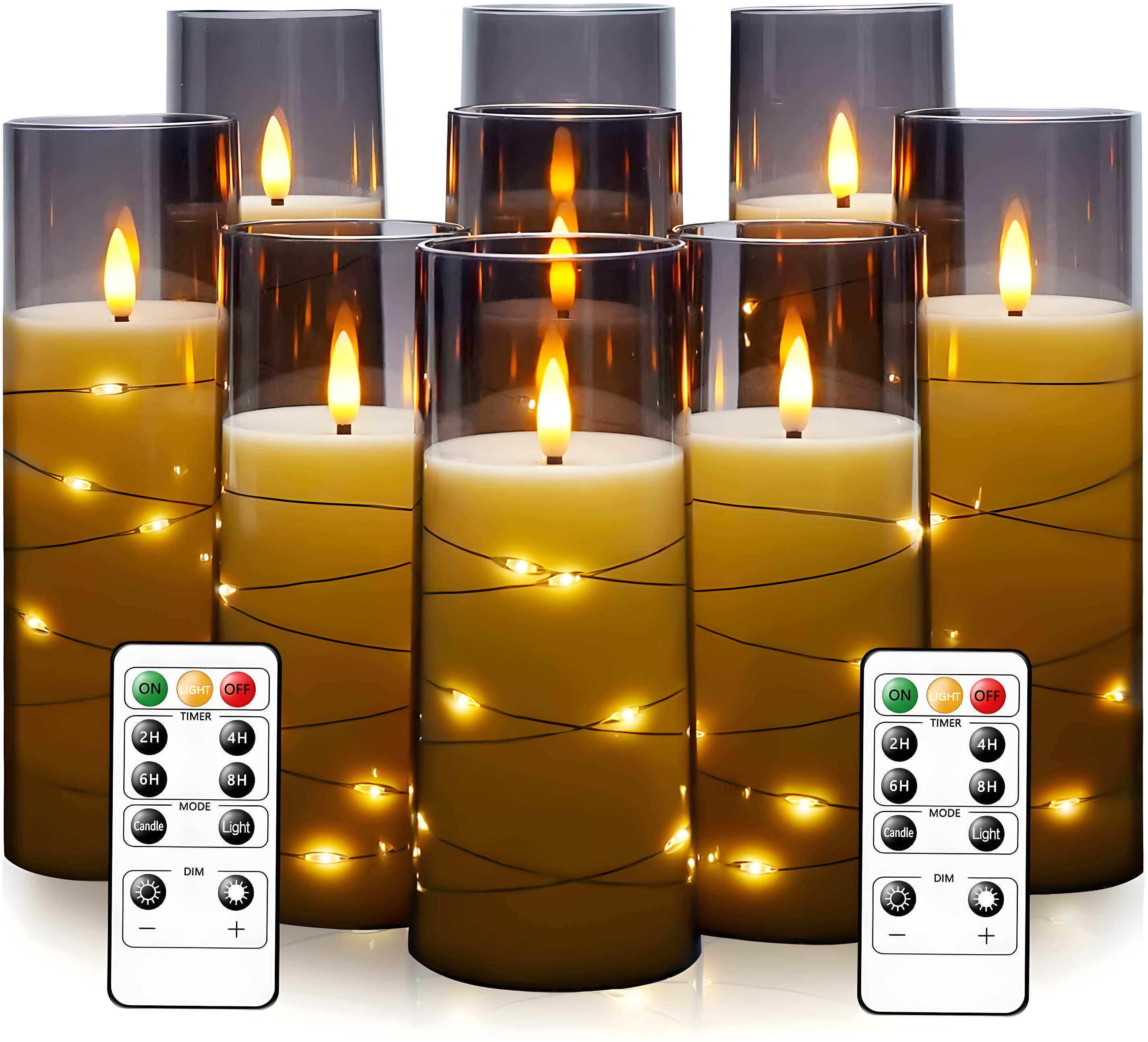 Raycare Flameless LED Candles with Embedded Star String, 9 Pcs Battery Operated Acrylic Pillar Candles with Timer and Remote, Flickering for Romantic Ambiance and Home Decoration (Grey)