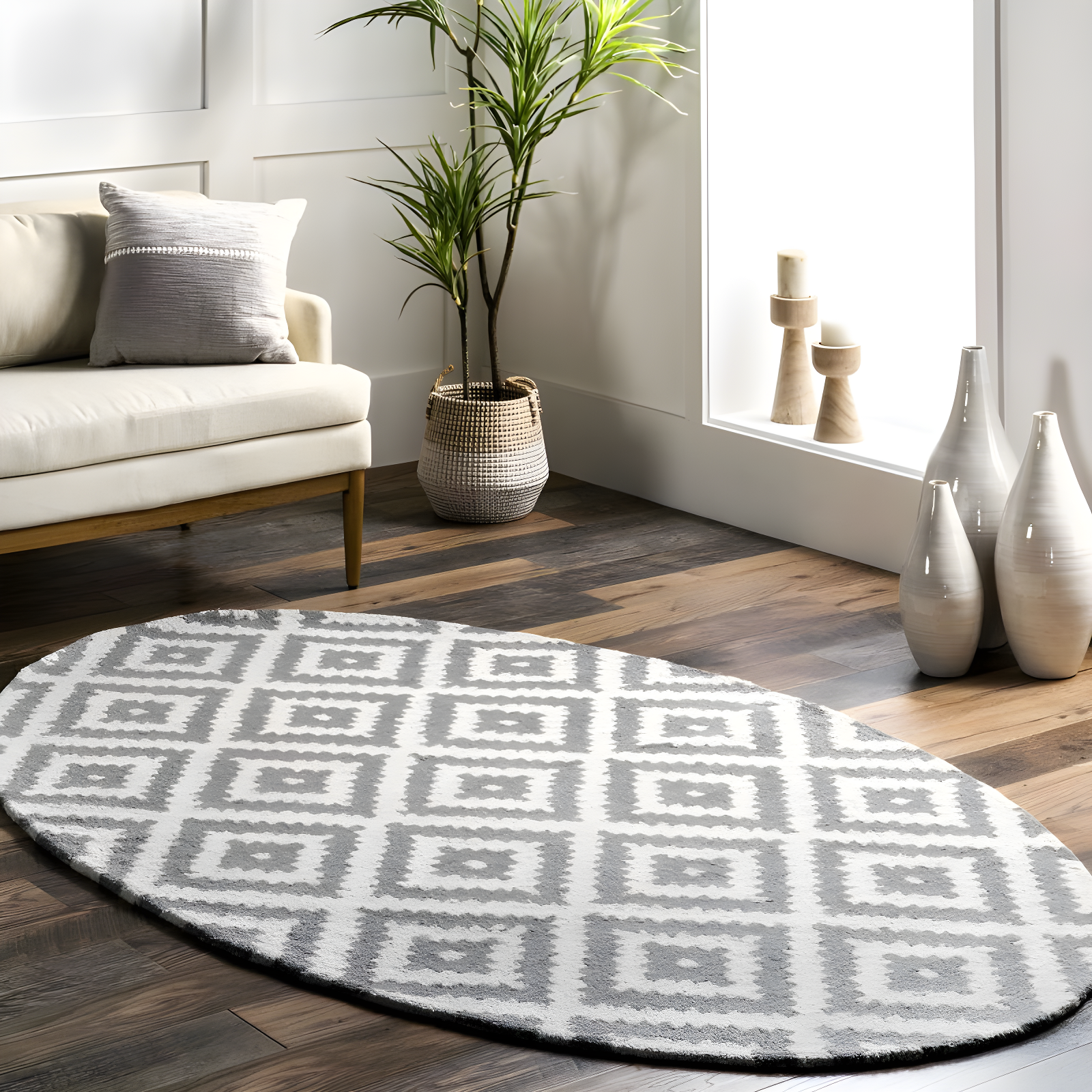 Nuloom Kellee Geometric Oval 4x6 Wool Indoor Area Rug for Living Room Bedroom Dining Room Kitchen, Grey/White