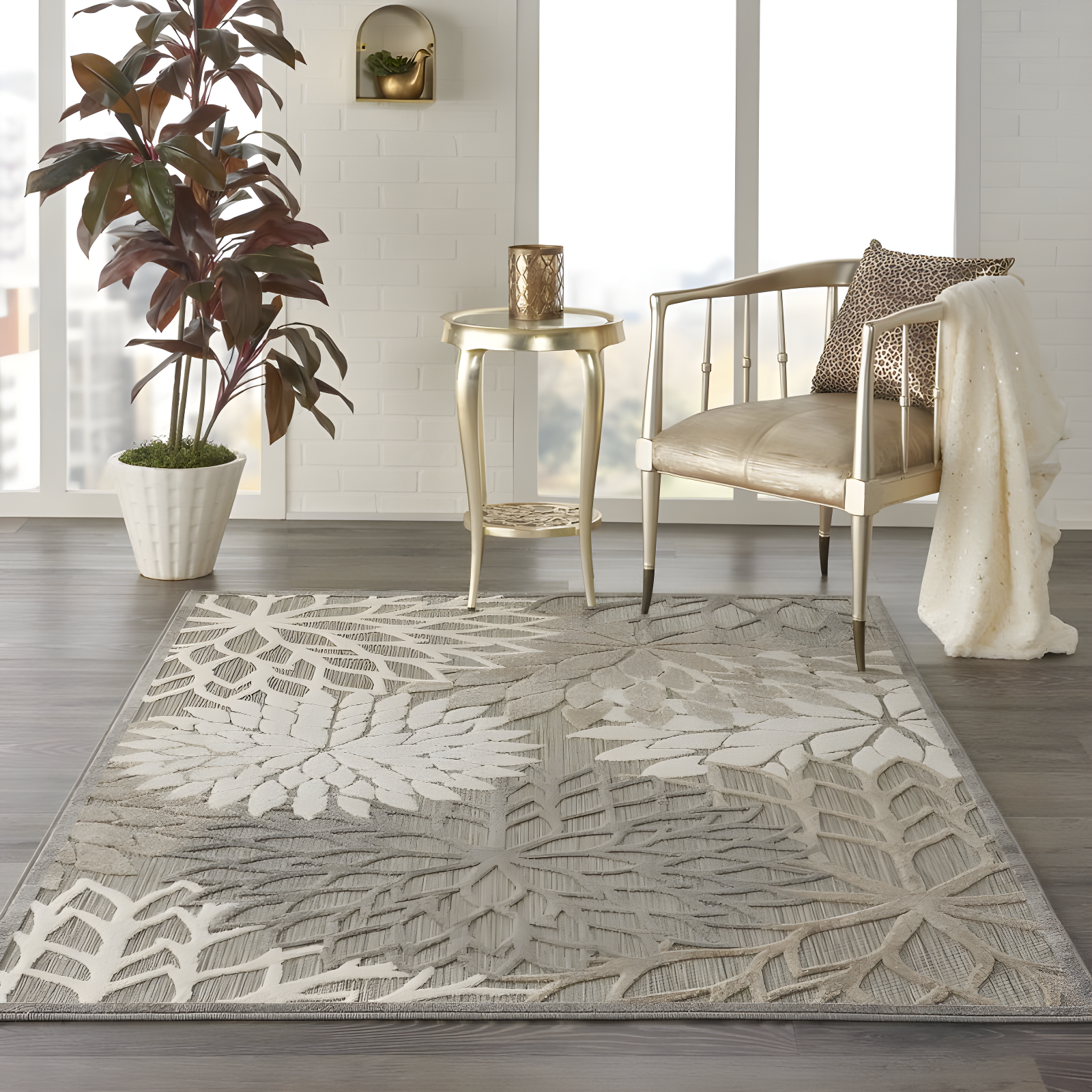 Nourison Aloha Floral Bloom Flatweave High-Low Indoor Outdoor Area Rug Natural 5'3" x 7'5"