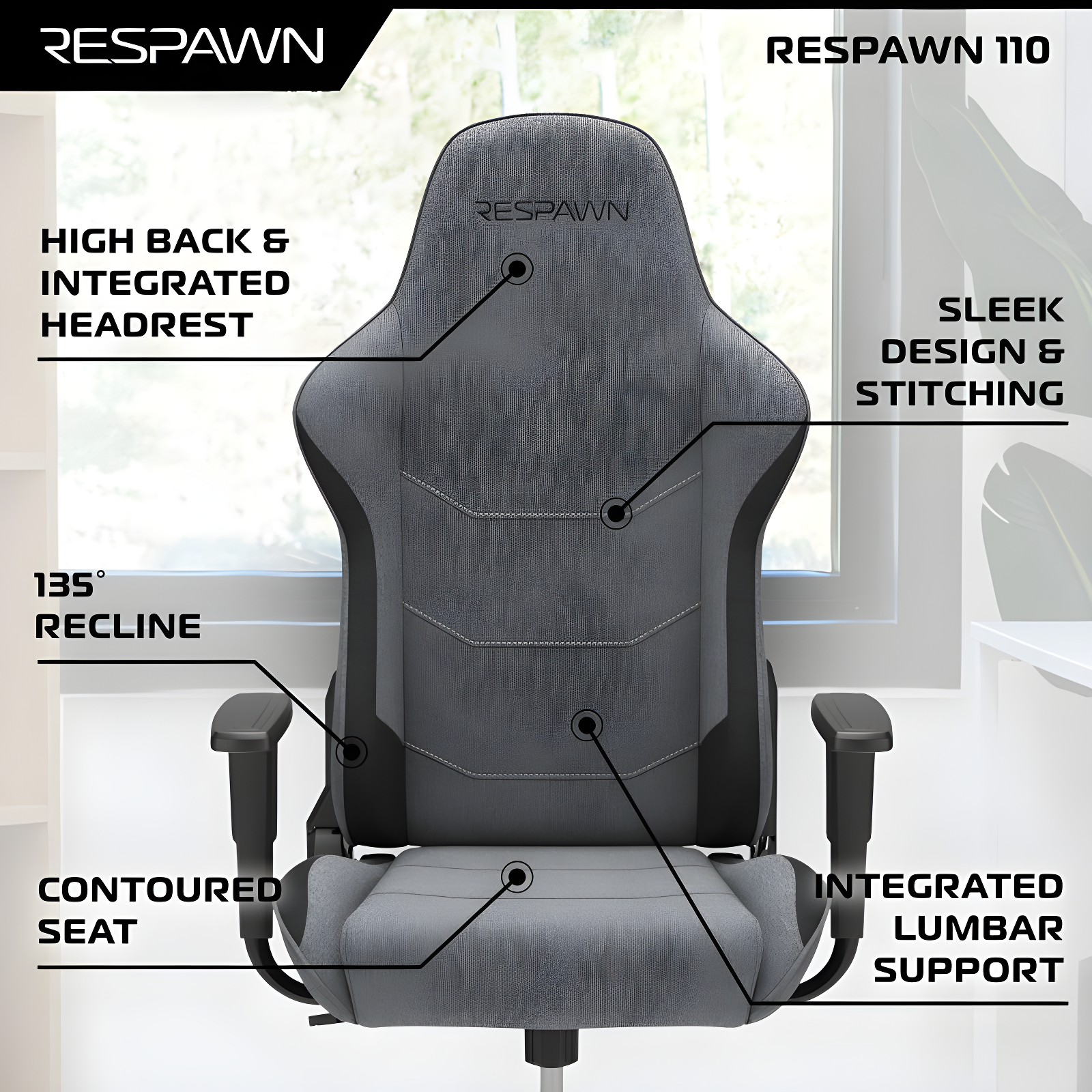 RESPAWN 110 Gaming Chair - Gamer Chair PC Computer Chair, Ergonomic Gaming Chairs, Office Chair with Integrated Headrest, Gaming Chair for Adults 135 Degree Recline with Angle Lock