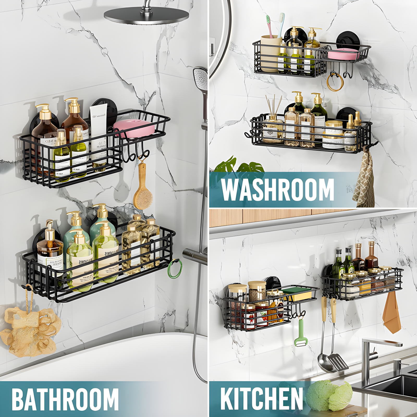 Shower Caddy Suction Cup 2 Pack With Hooks & Soap Holder, Heavy Duty Shower Organizer For Bathroom