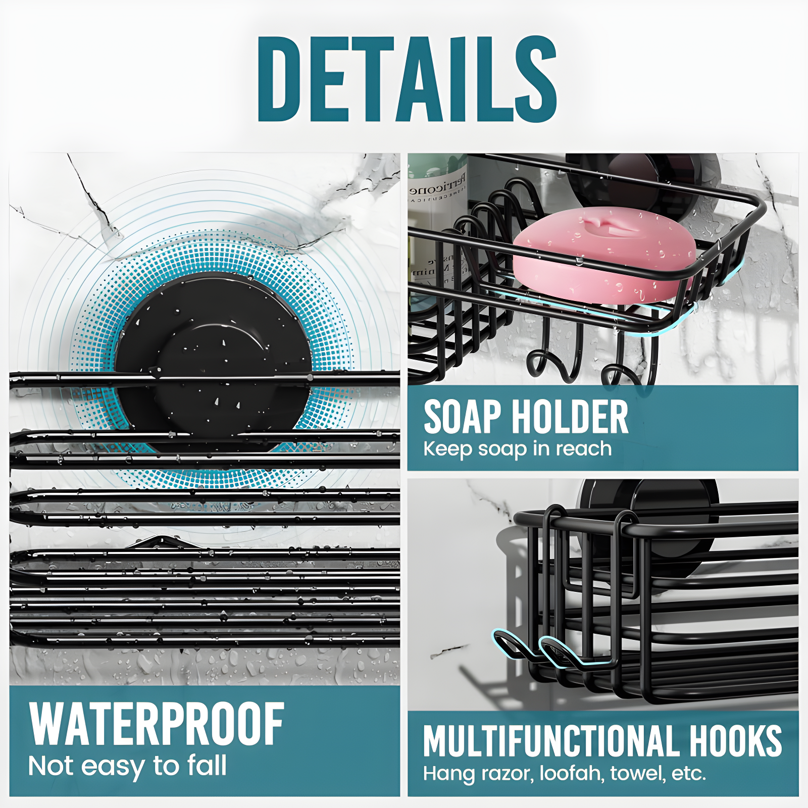 Shower Caddy Suction Cup 2 Pack With Hooks & Soap Holder, Heavy Duty Shower Organizer For Bathroom