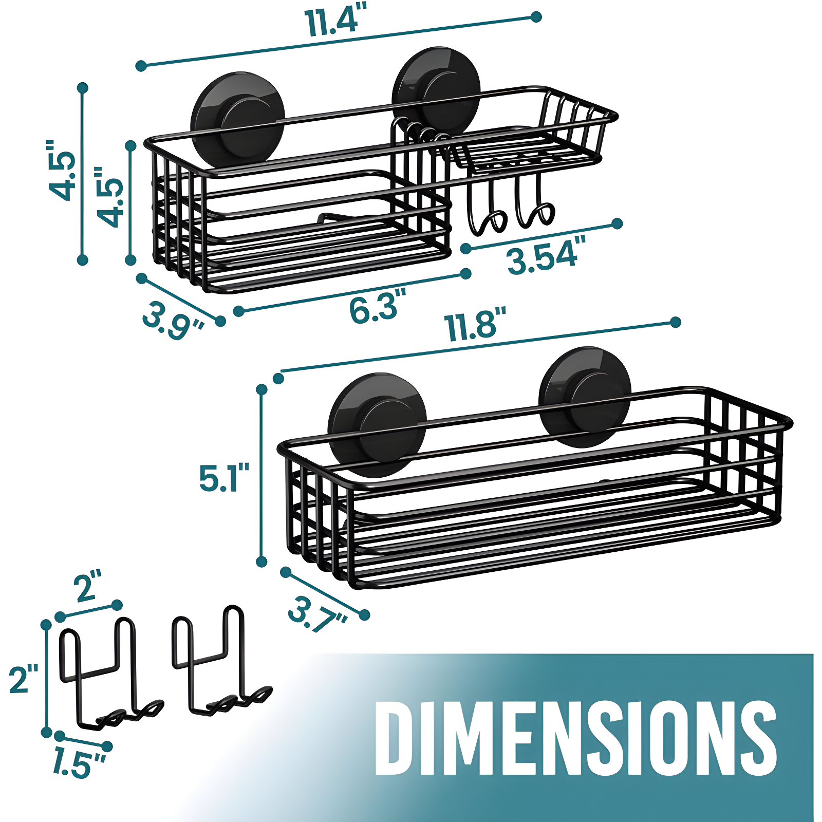 Shower Caddy Suction Cup 2 Pack With Hooks & Soap Holder, Heavy Duty Shower Organizer For Bathroom