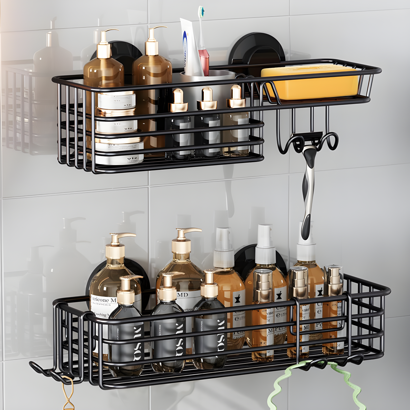 Shower Caddy Suction Cup 2 Pack With Hooks & Soap Holder, Heavy Duty Shower Organizer For Bathroom