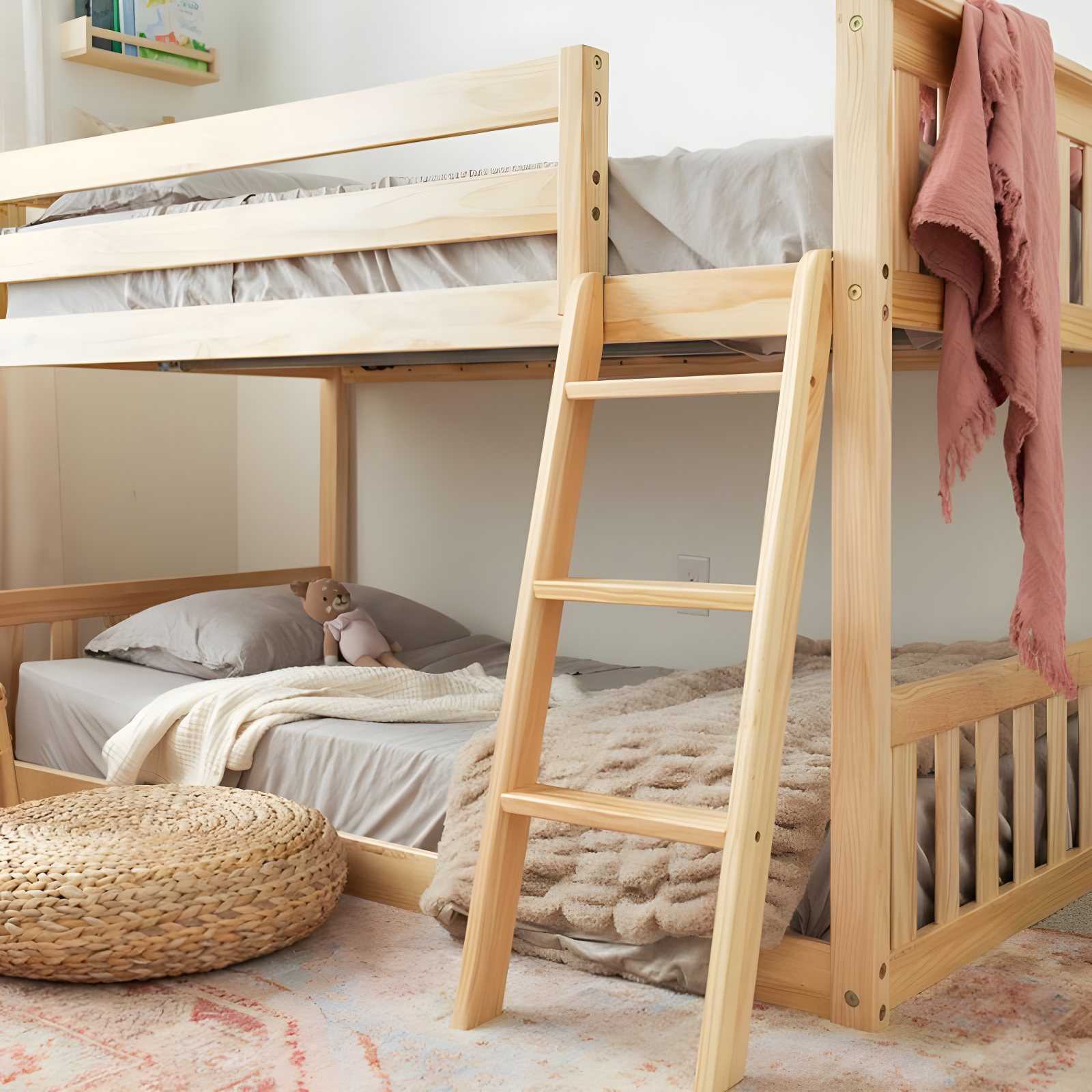 Max & Lily Twin over Twin Bunk Bed for Kids, Solid Wood Low Bunk Beds with Ladder, Natural