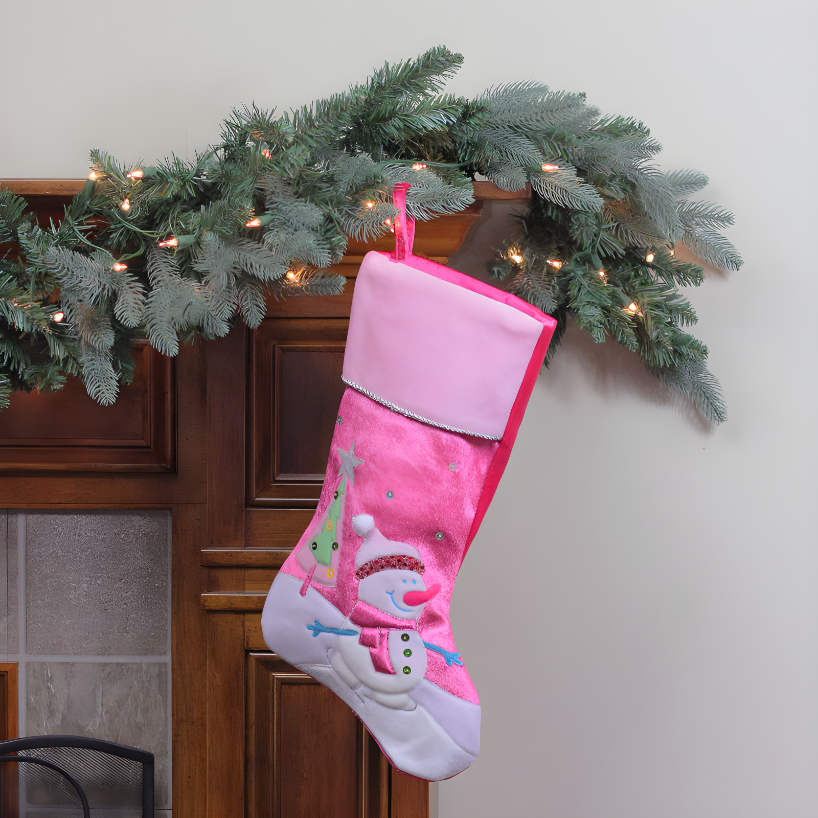 Northlight Seasonal 20.5" Pink Embroidered Ice Skating Snowman and Christmas Tree Stocking