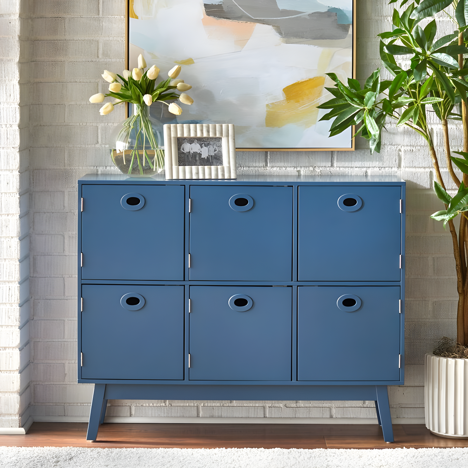 Buylateral 6 Storage Jamie Mid Century Modern Cube Cabinet Blue: Modern MDF Furniture, 6-Compartment Design, Tapered Legs