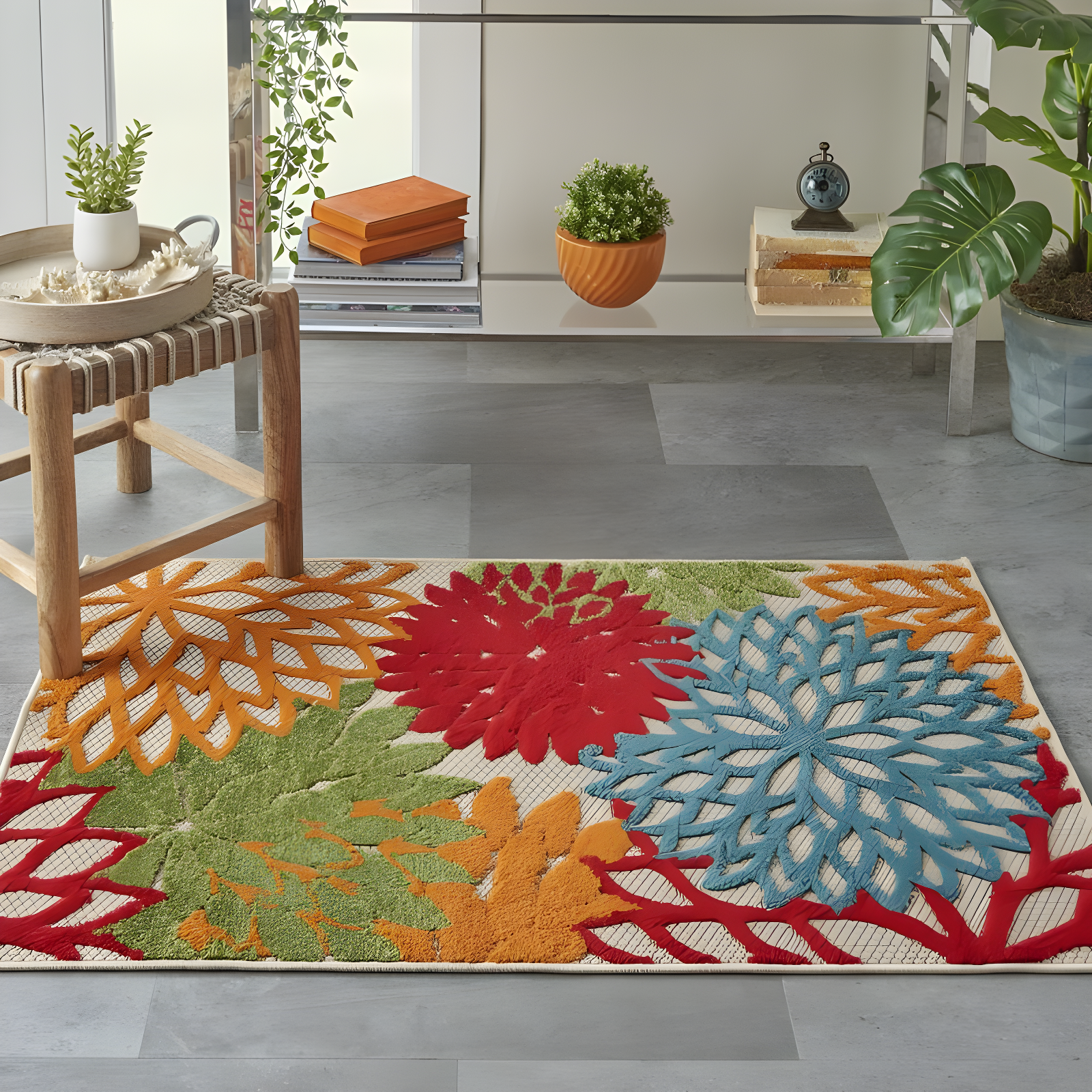 Nourison Aloha Floral Bloom Flatweave High-Low Indoor Outdoor Area Rug Green 2'8" x 4'