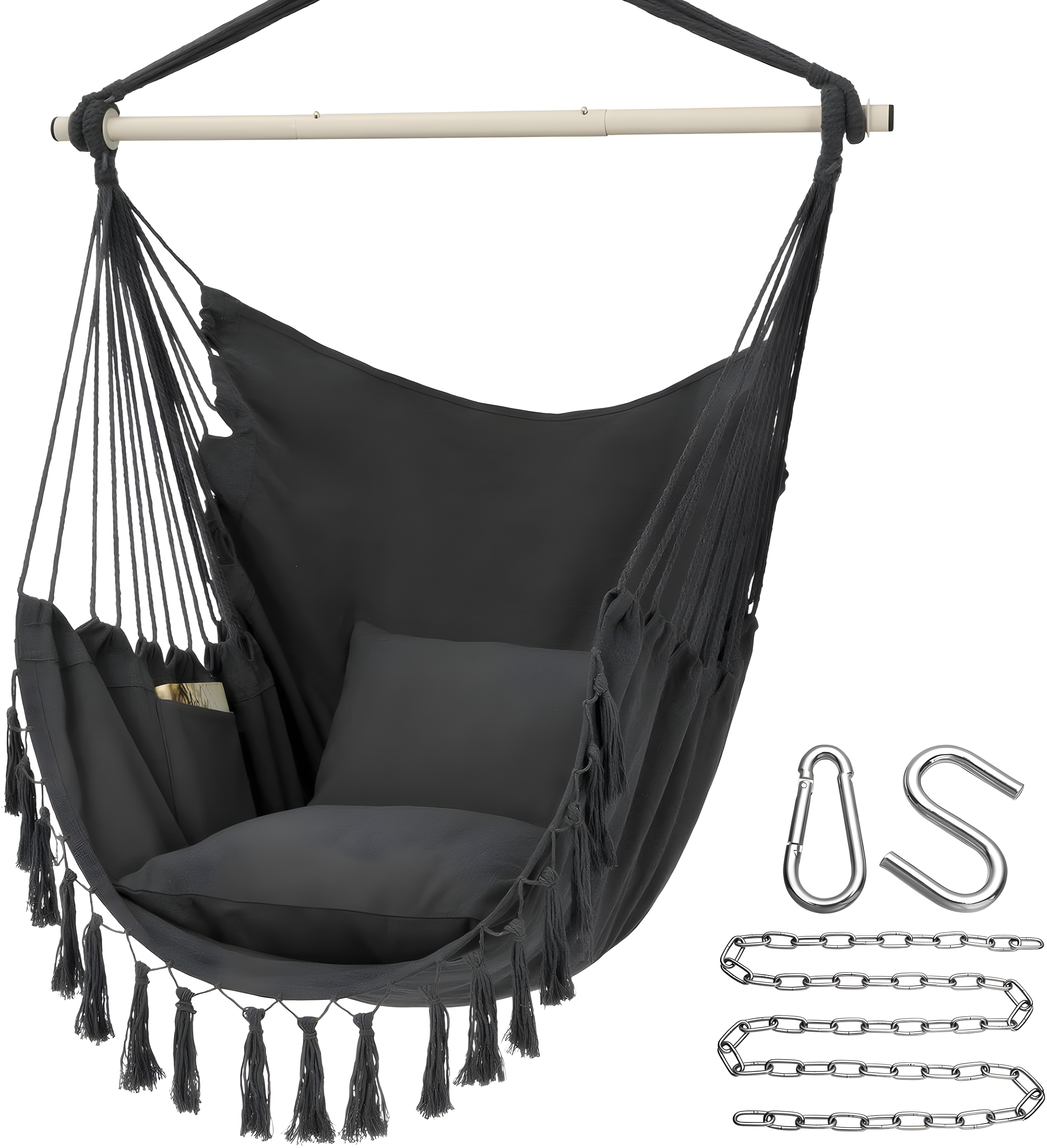 Y- STOP Hammock Chair Hanging Rope Swing, Max 500 Lbs, 2 Cushions Included, Large Macrame Hanging Chair with Pocket, Cotton Weave for Superior Comfort, Durability (Dark Grey)
