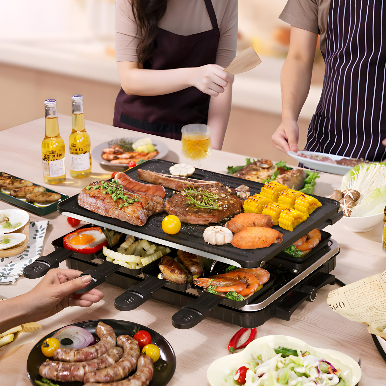 Table Grill, Indoor Grill Korean BBQ Grill Electric Griddle, 2 In 1 Electric Griddle Nonstick With 8  Cheese Pans Adjustable Temperature Control 1300W Ideal For Family And Party Fun