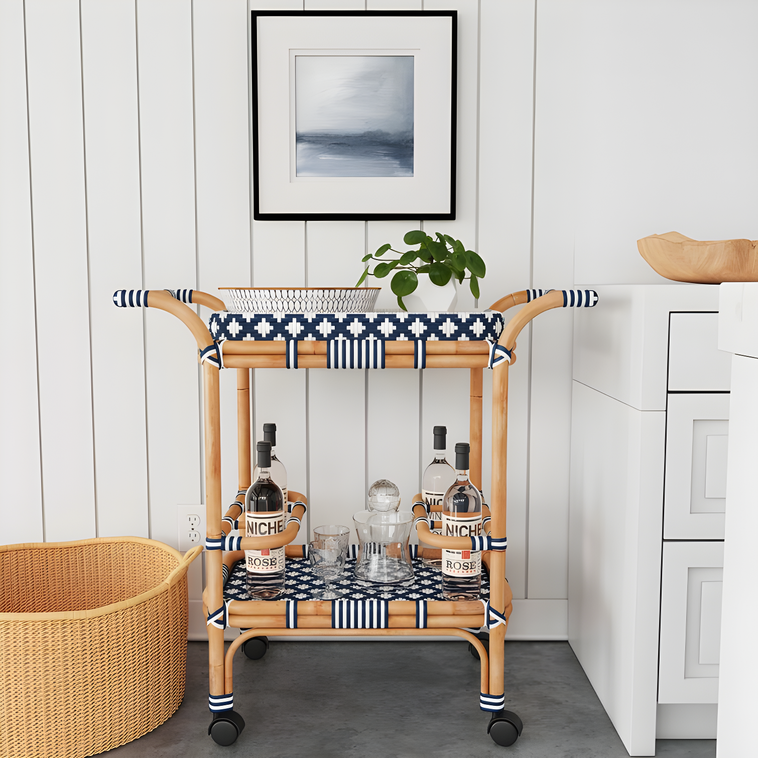 Butler Specialty Selena Rattan Bar Cart In Blue And White
