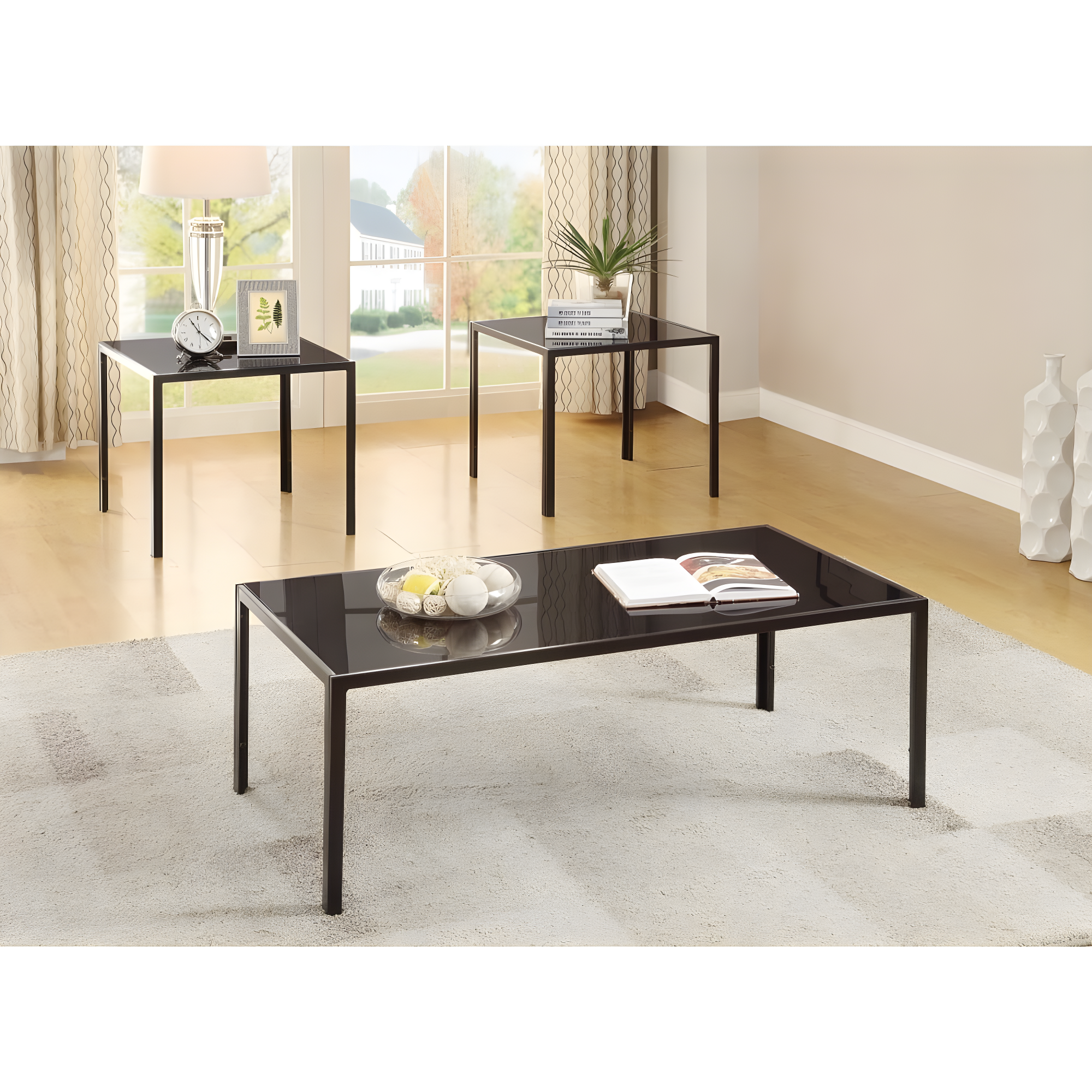 Coaster Brock 3-Piece Glass Top Occasional Table Set in Black