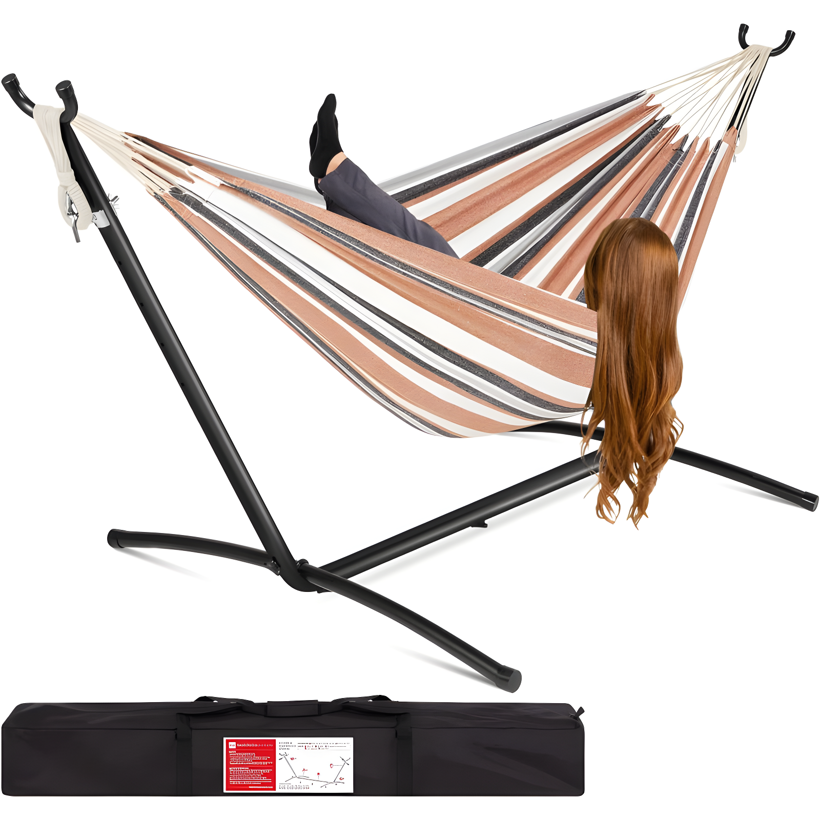 Knutsford 2-Person Brazilian-Style Cotton Double Hammock with Stand Set w/ Carrying Bag