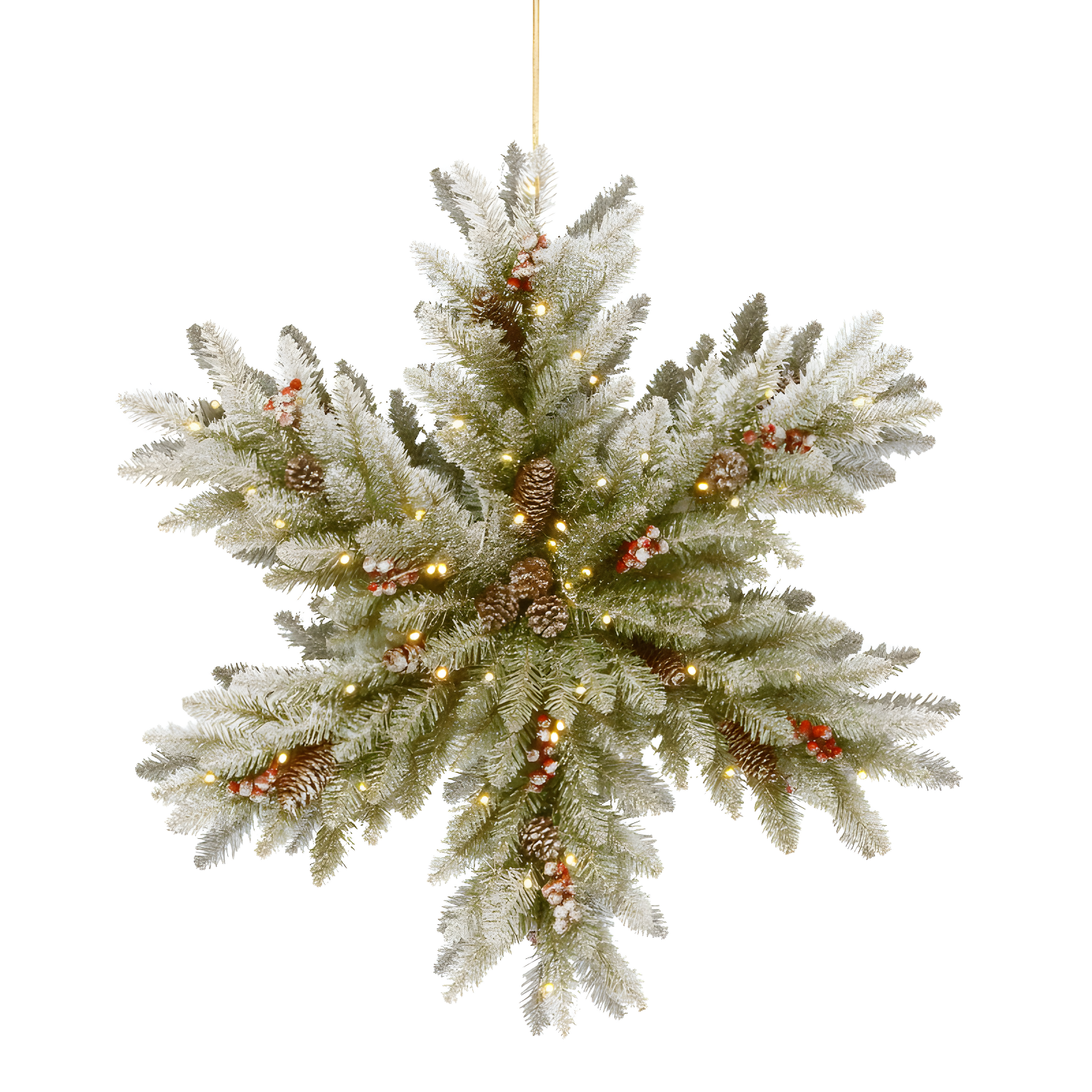 National Tree Company Pre-Lit Artificial Christmas Hanging Snowflake, Green, Dunhill Fir, with Pine Cones, Berry Clusters, Frosted Branches,32 Inches