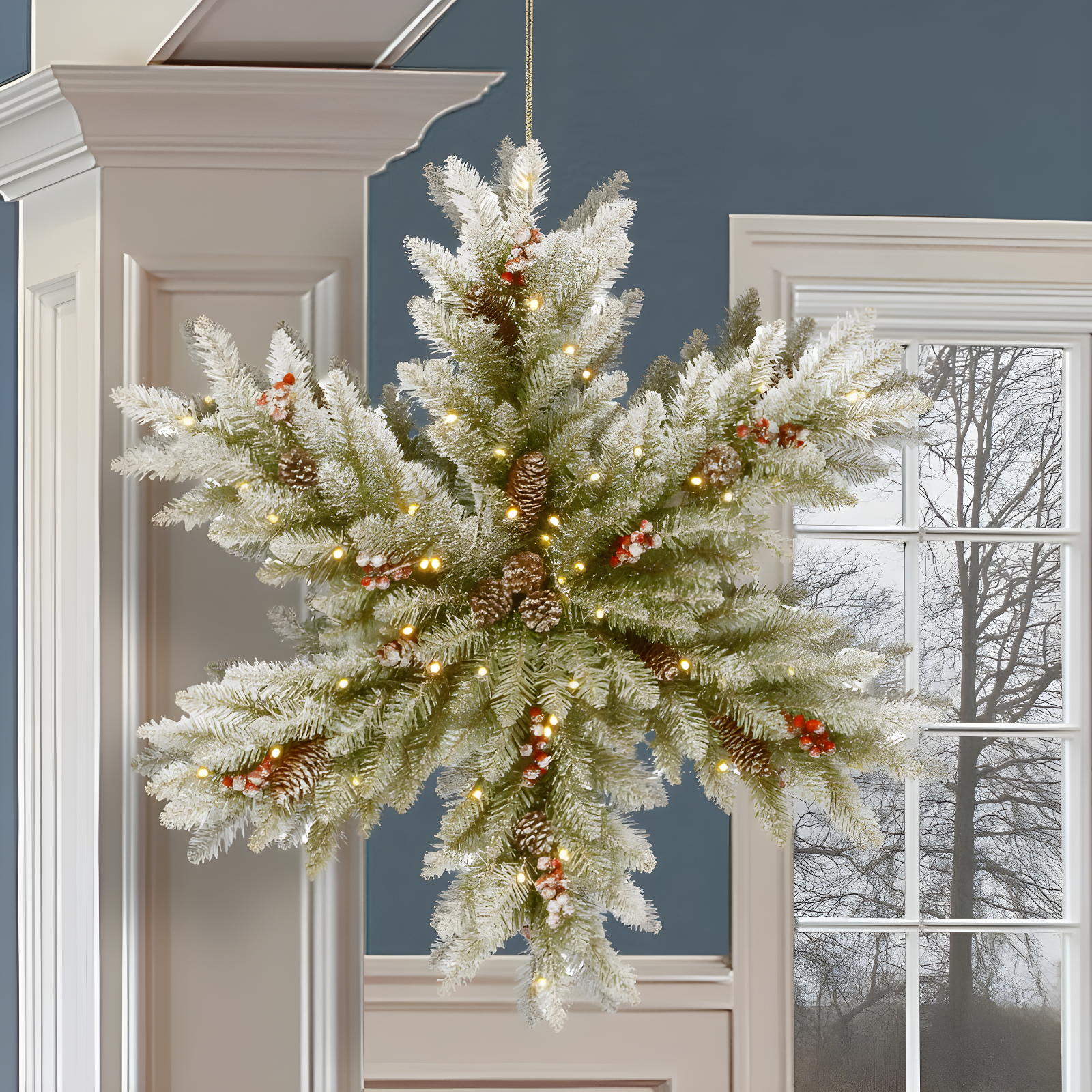 National Tree Company Pre-Lit Artificial Christmas Hanging Snowflake, Green, Dunhill Fir, with Pine Cones, Berry Clusters, Frosted Branches,32 Inches