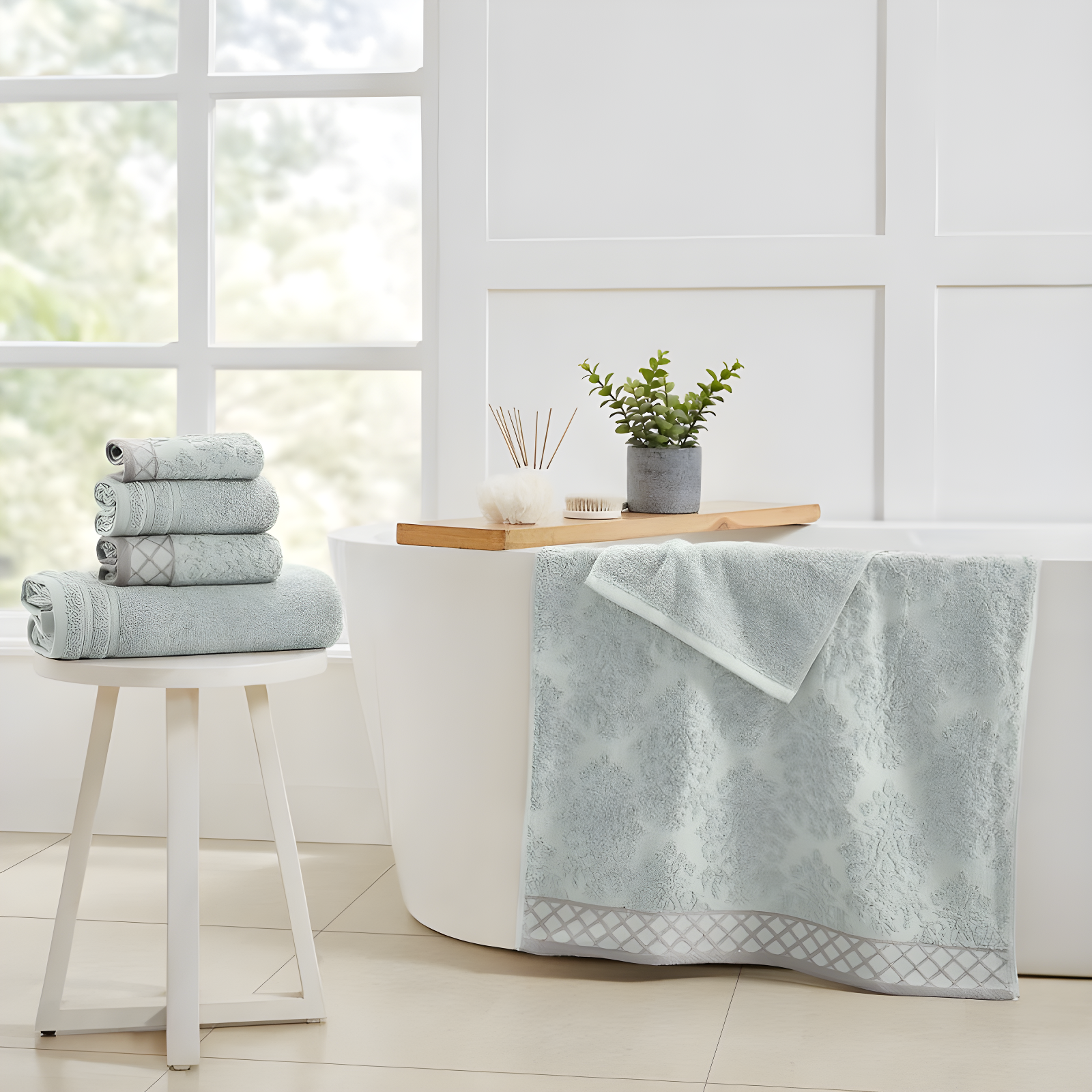 Modern Threads Modern Threads 6-Piece Damask Jacquard/Solid Ultra Soft 550GSM 100% Combed Cotton Towel Set with Embellished Borders