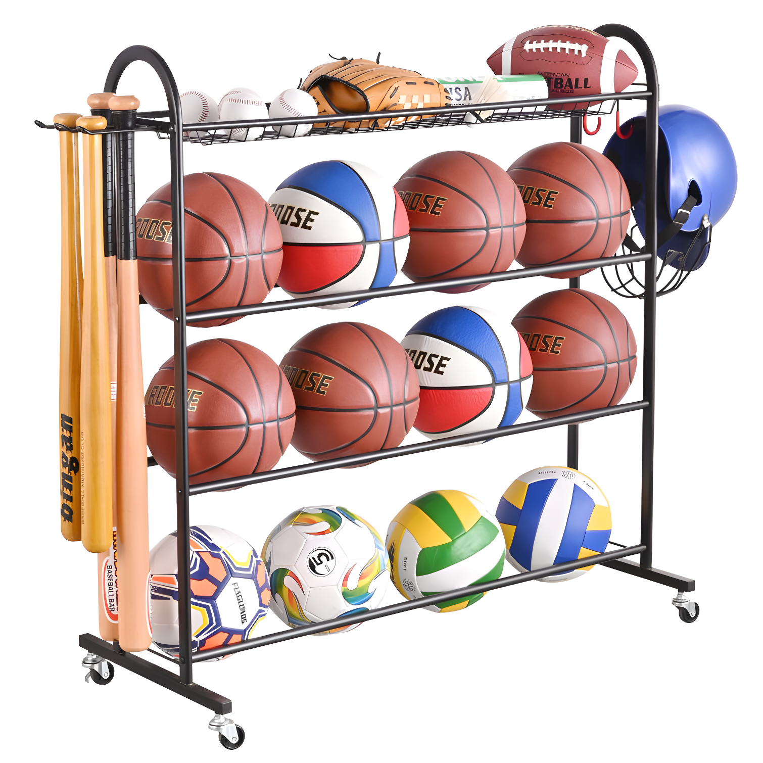 4-Layer Sports Equipment Storage Rack With Baseball Bat Holder, 3 Hooks, And Portable Design For Garage, Home, Gym, School