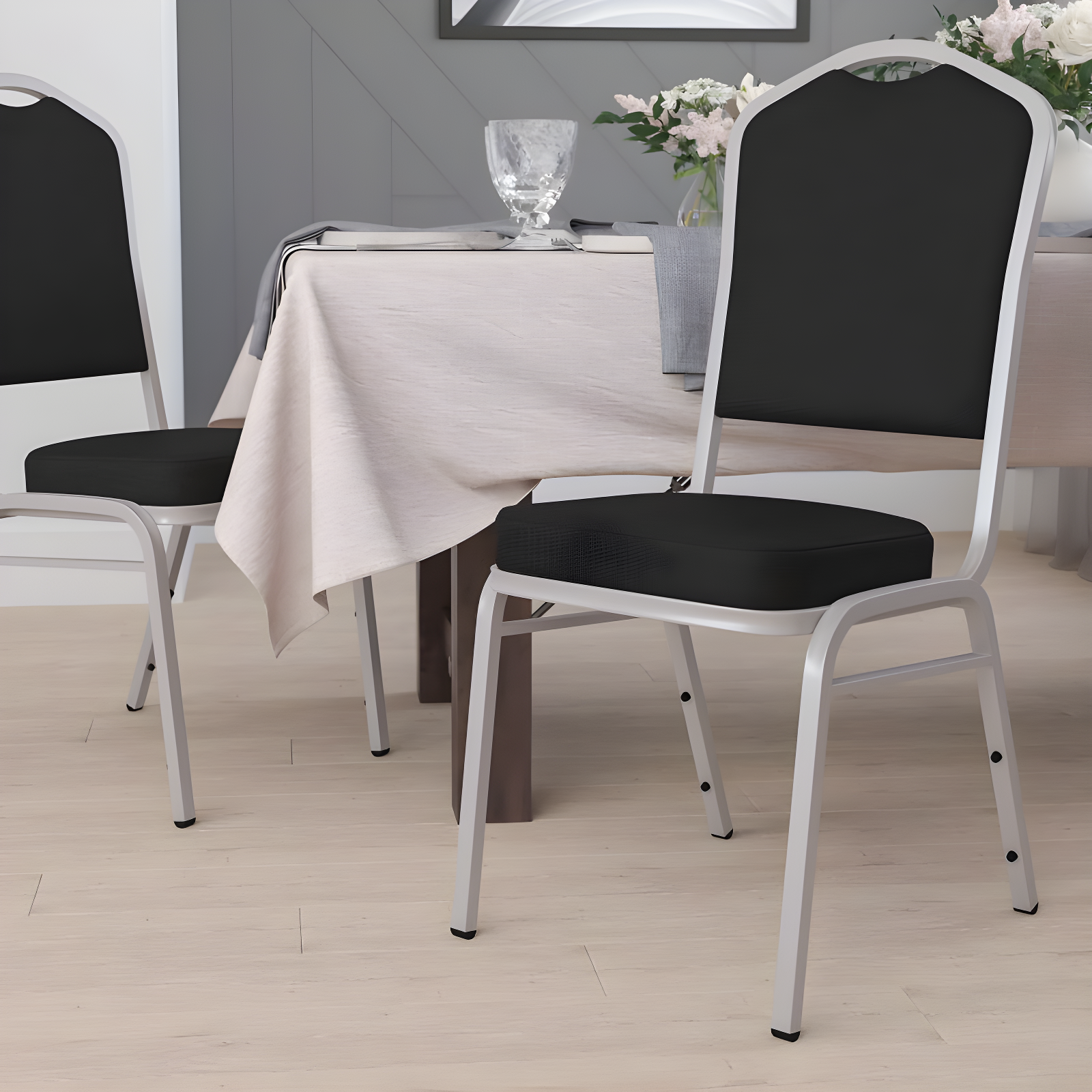 Flash Furniture HERCULES Series Crown Back Stacking Banquet Chair in Black Fabric - Silver Frame