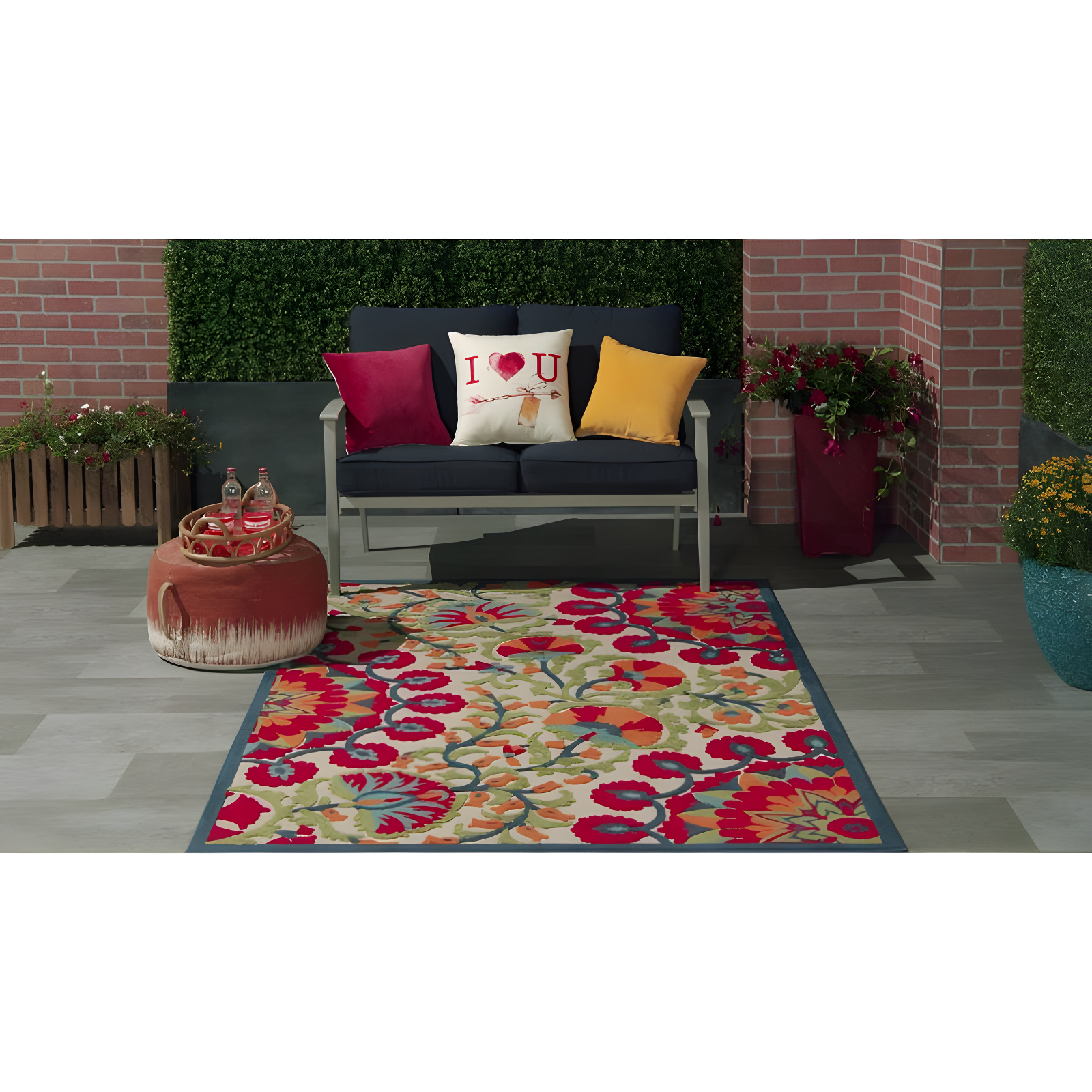 Nourison Aloha Floral Easy Care Flatweave High-Low Indoor Outdoor Area Rug Red/Multi 7' x 10'