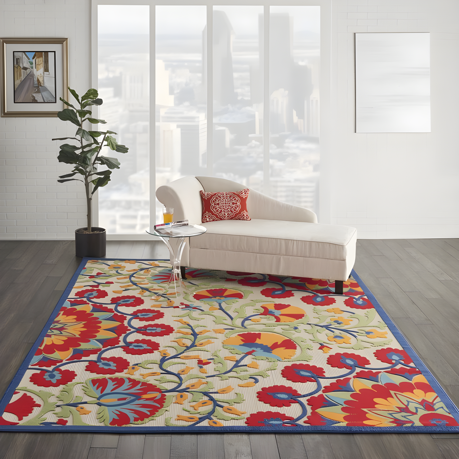 Nourison Aloha Floral Easy Care Flatweave High-Low Indoor Outdoor Area Rug Red/Multi 7' x 10'