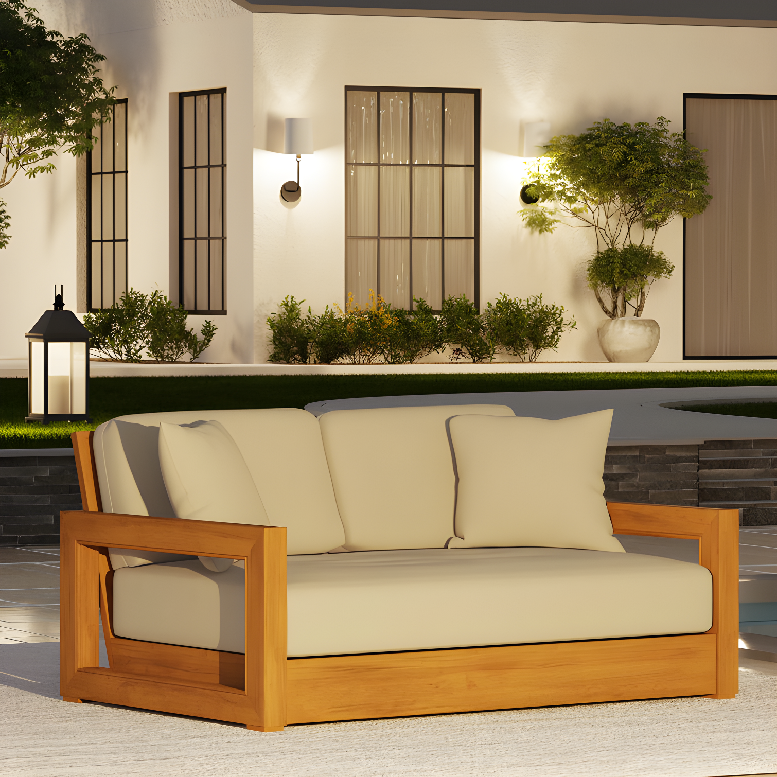 SAFAVIEH OUTDOOR COUTURE Montford 2-Seat Bench Natural Teak / Beige