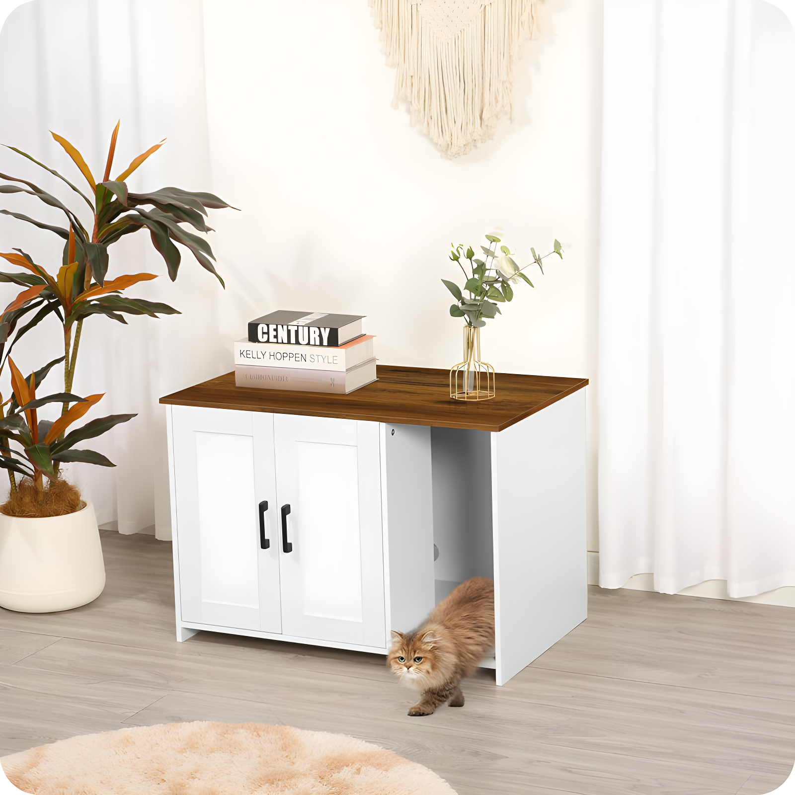 Litter Box Enclosure, Cat Litter Box Furniture Hidden, With Scratching Mat, Wooden Cat Washroom Indoor, Fit Most Of Litter Box, 31.5" L X 19.7" W X 21.7" H, White + Warm Brown
