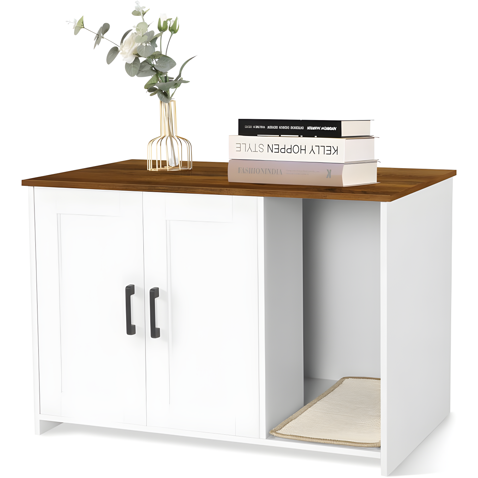 Litter Box Enclosure, Cat Litter Box Furniture Hidden, With Scratching Mat, Wooden Cat Washroom Indoor, Fit Most Of Litter Box, 31.5" L X 19.7" W X 21.7" H, White + Warm Brown