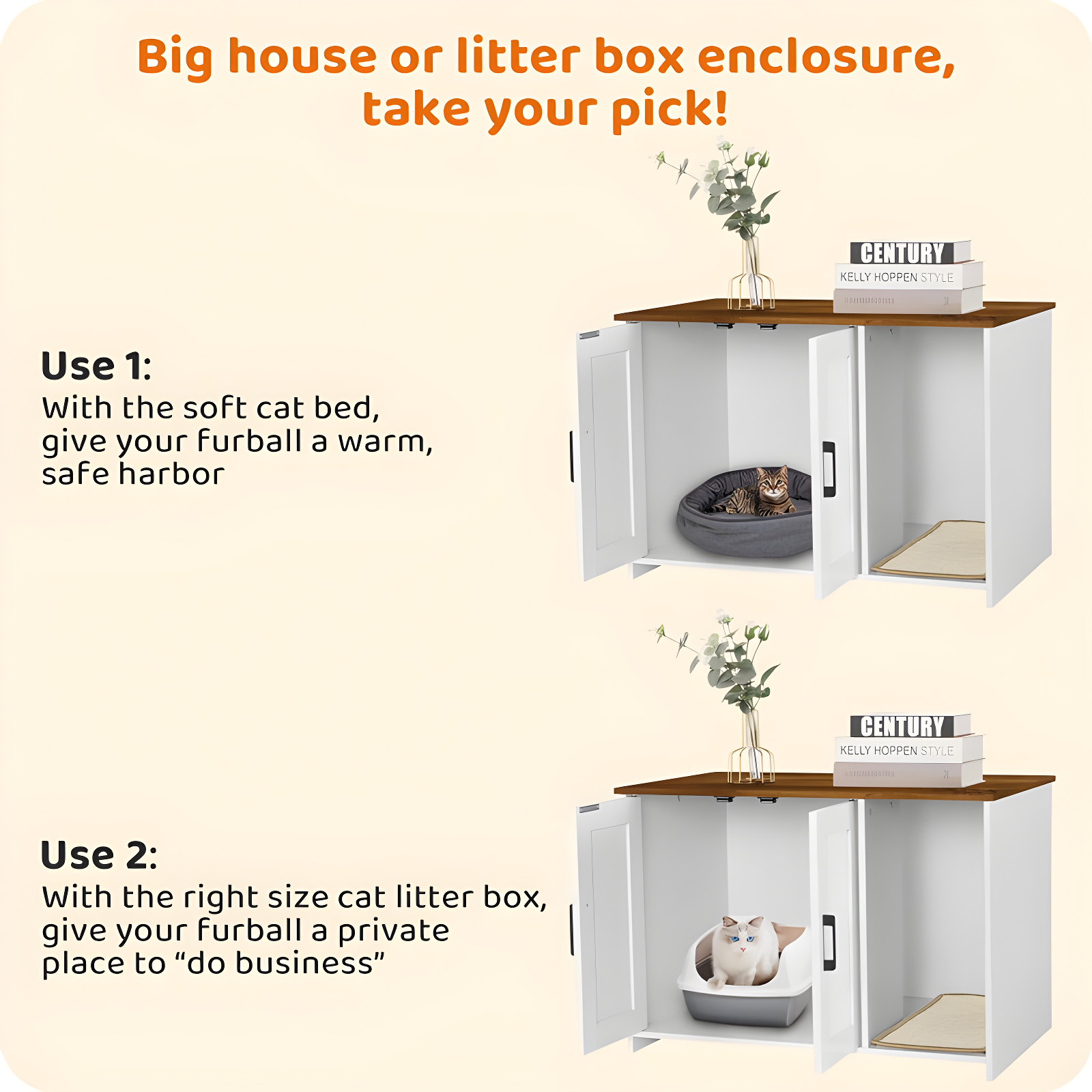 Litter Box Enclosure, Cat Litter Box Furniture Hidden, With Scratching Mat, Wooden Cat Washroom Indoor, Fit Most Of Litter Box, 31.5" L X 19.7" W X 21.7" H, White + Warm Brown
