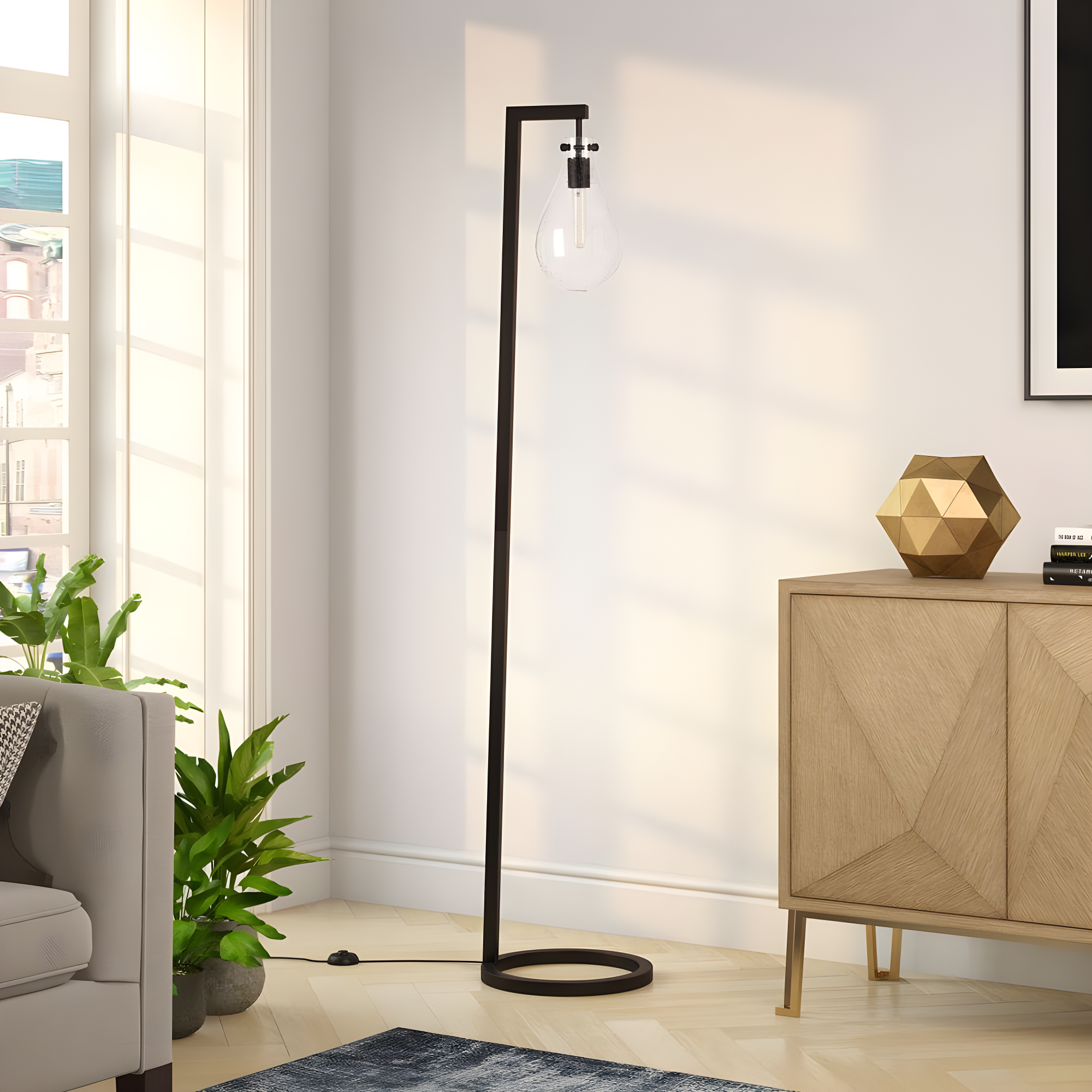 Evelyn&Zoe Weston 66" Tall Floor Lamp with Glass Shade, Blackened Bronze/Seeded