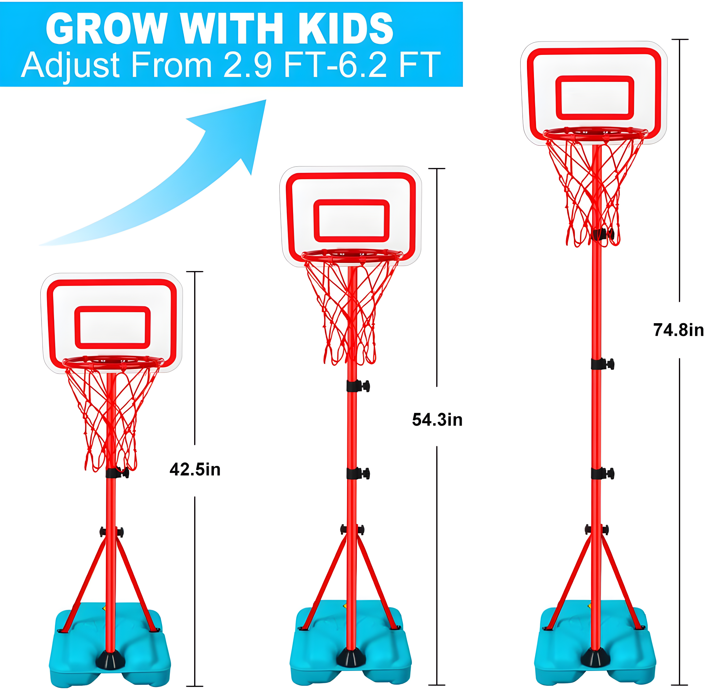 Kids Basketball Hoop Adjustable Height 2.9 ft-6.2 ft Toddler Basketball Hoop for Kids Indoor Outdoor Play Portable Basket Ball Goal Backyard Outside Toys for Boy Girl Age 2 3 4 5 6 7 8