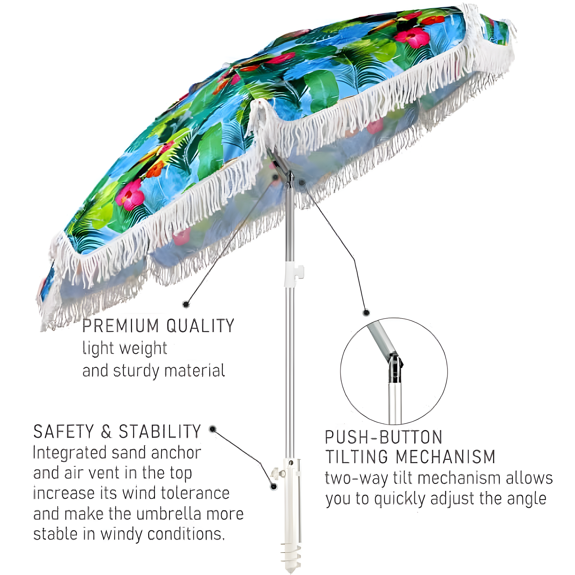 AMMSUN 6.5ft Heavy Duty HIGH Wind fringe Beach Umbrella with sand anchor Vent Tilt Portable Sun Shelter UPF 50+ Windproof Outdoor Sunshade Umbrellas Carry Bag for Patio Garden Pool Backyard Sports