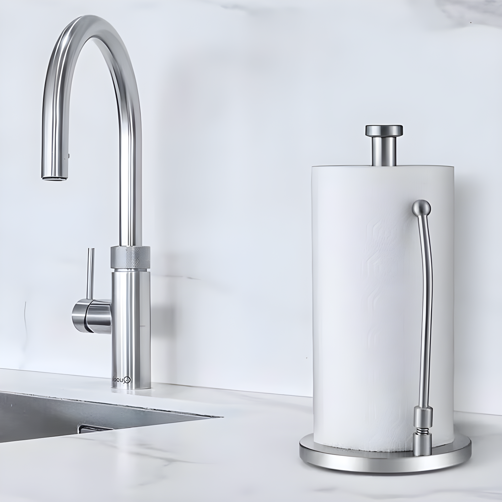 Paper Towel Holder Dispenser Standing with Weighted Base Spring Arm for Kitchen,Bathroom,Bedroom In Stainless Steel