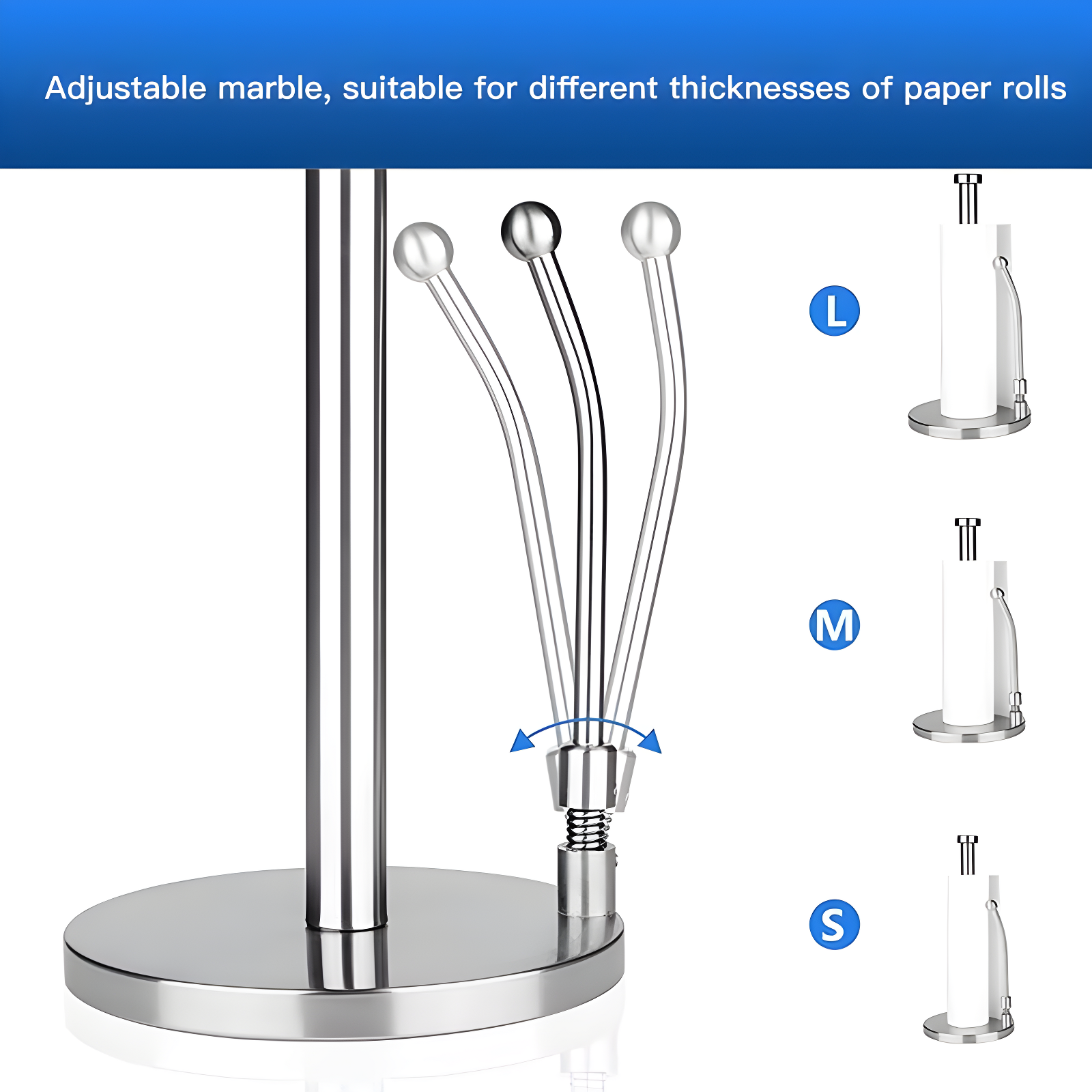 Paper Towel Holder Dispenser Standing with Weighted Base Spring Arm for Kitchen,Bathroom,Bedroom In Stainless Steel
