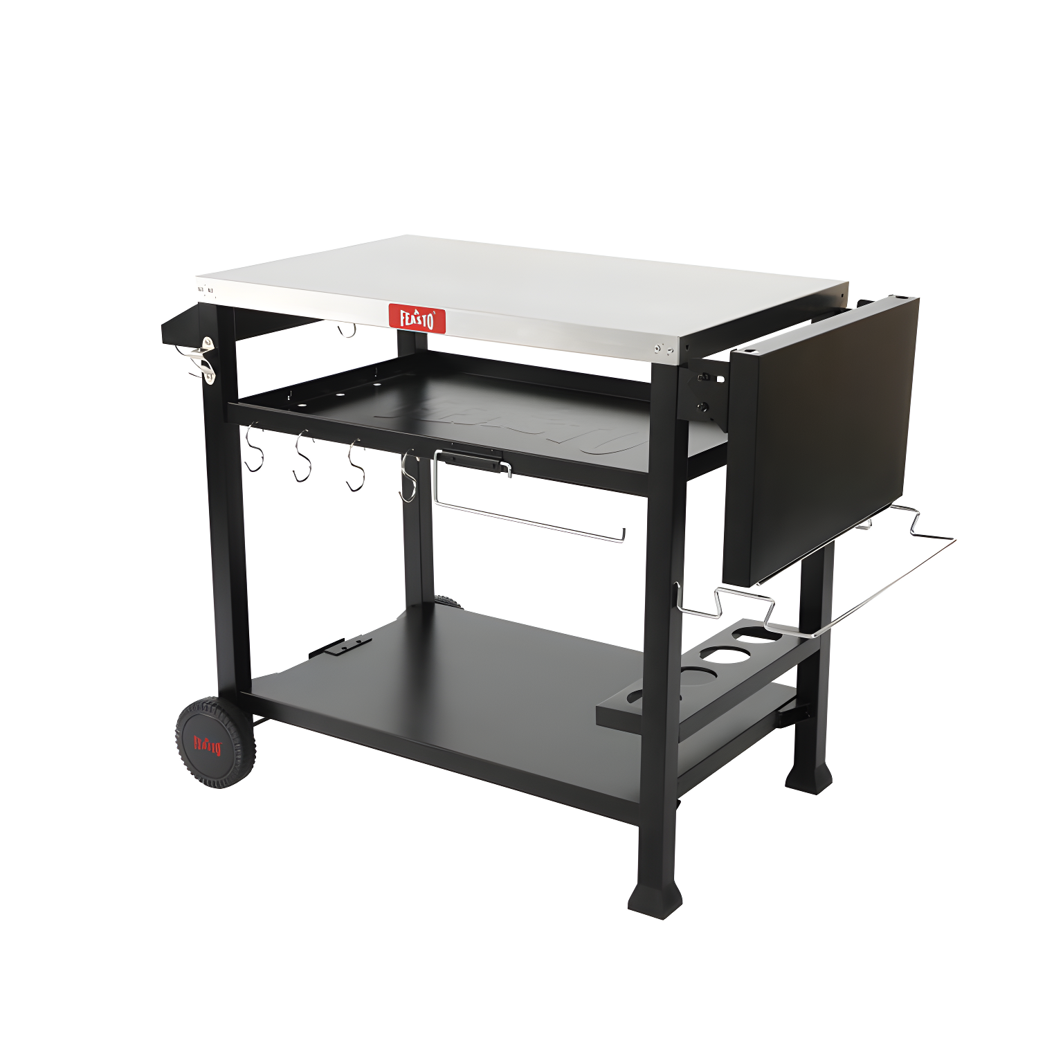 Feasto 50 in. Three-Shelf Stainless Outdoor Movable Food Prep Grill Cart Table with Fordable Side Table
