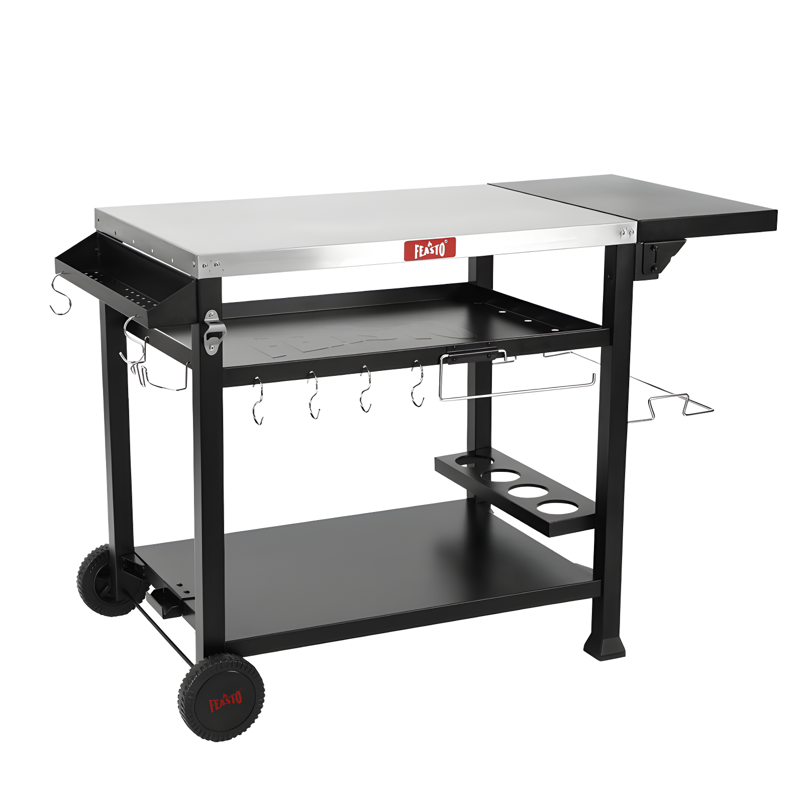 Feasto 50 in. Three-Shelf Stainless Outdoor Movable Food Prep Grill Cart Table with Fordable Side Table