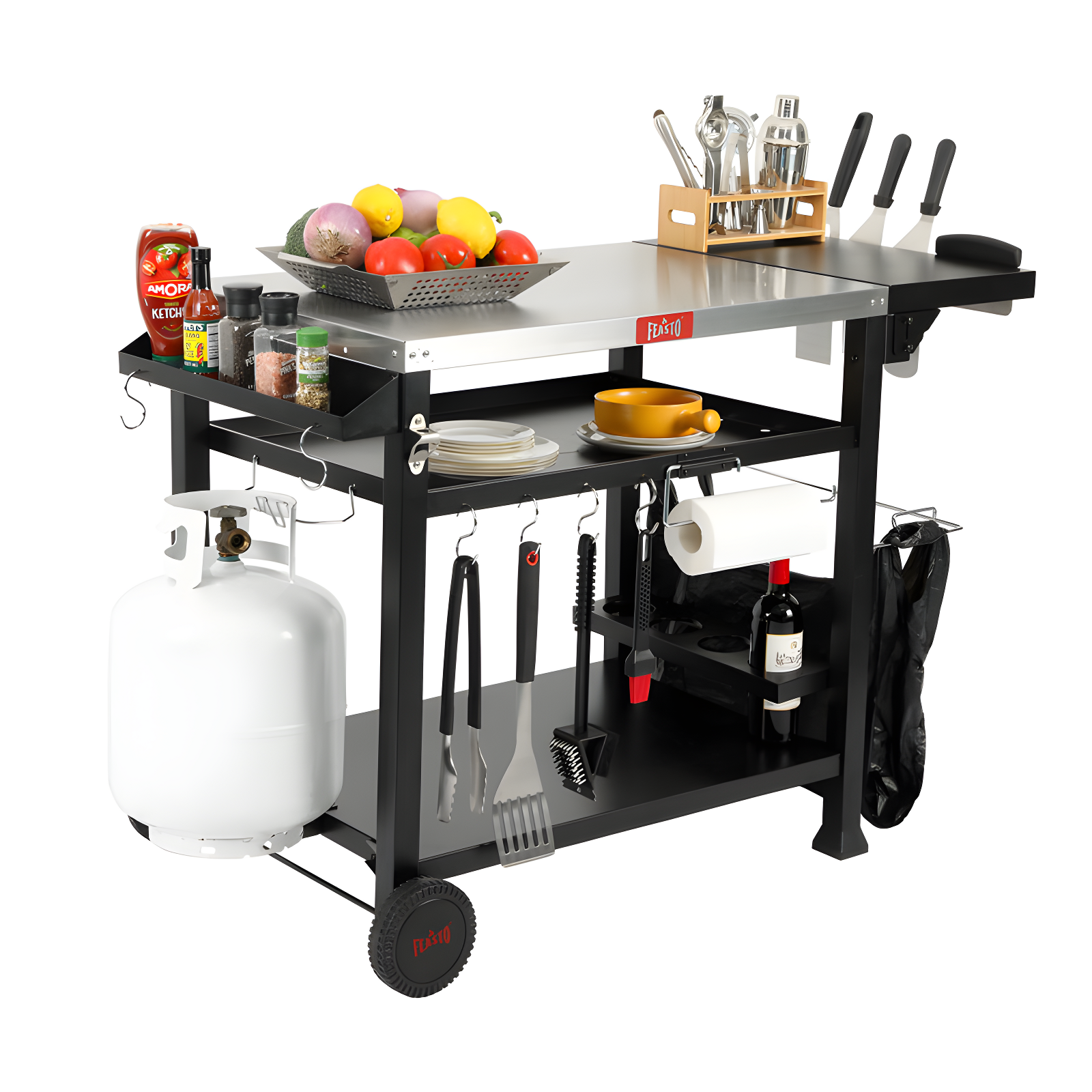 Feasto 50 in. Three-Shelf Stainless Outdoor Movable Food Prep Grill Cart Table with Fordable Side Table