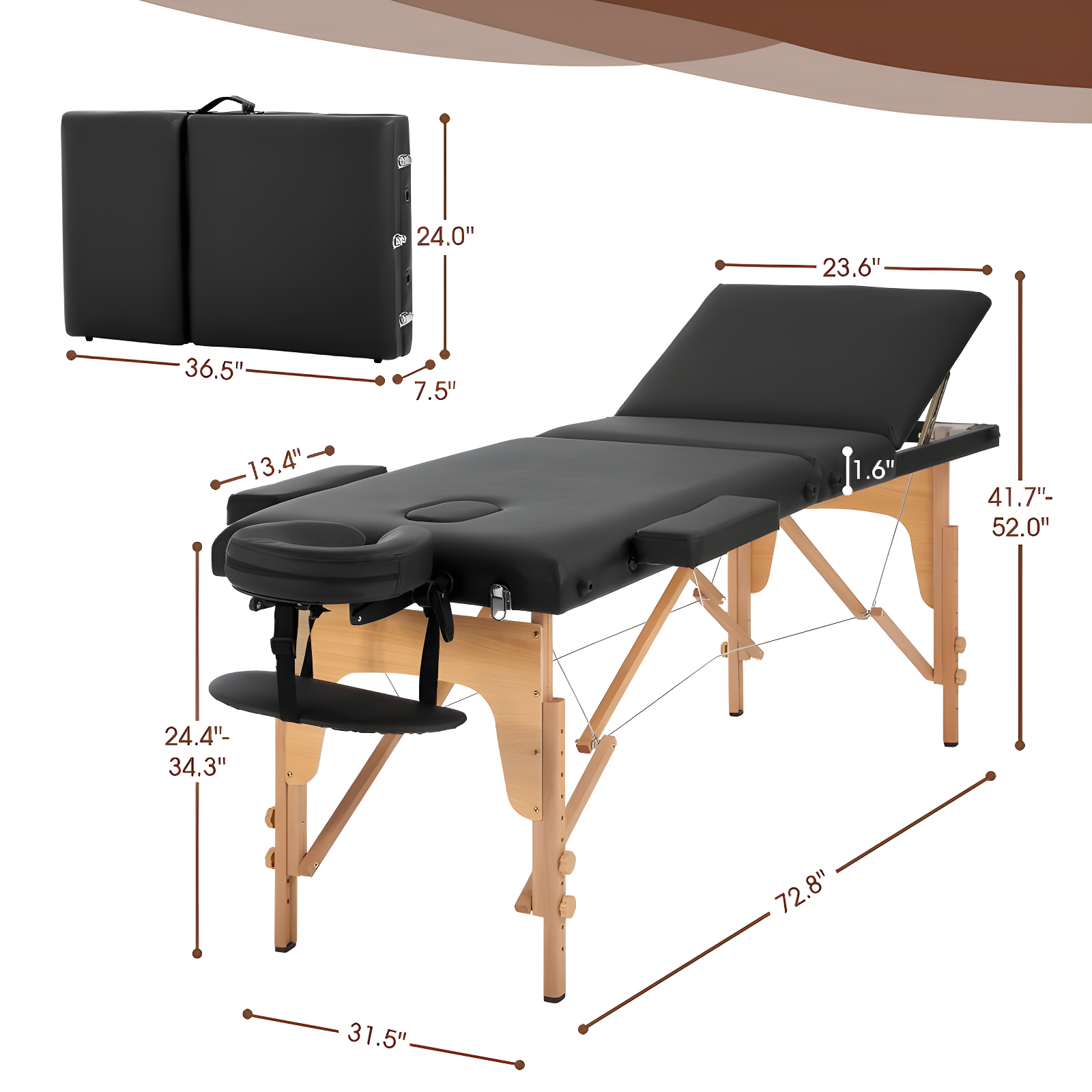 FDW Massage Table Massage Bed 3 Fold Portable  Height Adjustable Lightweight Spa Table Facial Cradle Bed with Carry Case (Black)