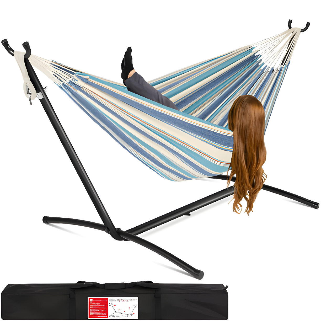 Knutsford 2-Person Brazilian-Style Cotton Double Hammock with Stand Set w/ Carrying Bag
