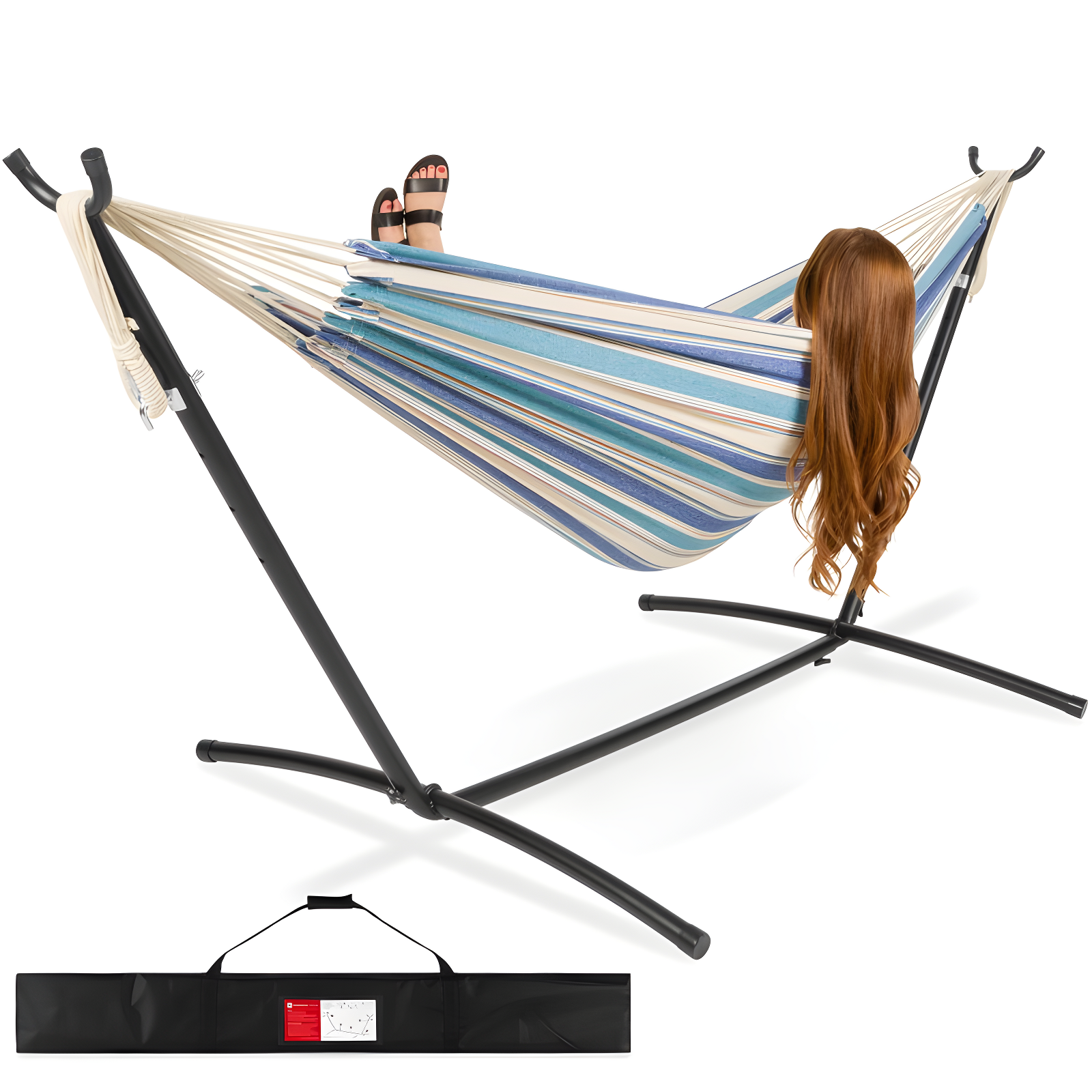 Knutsford 2-Person Brazilian-Style Cotton Double Hammock with Stand Set w/ Carrying Bag