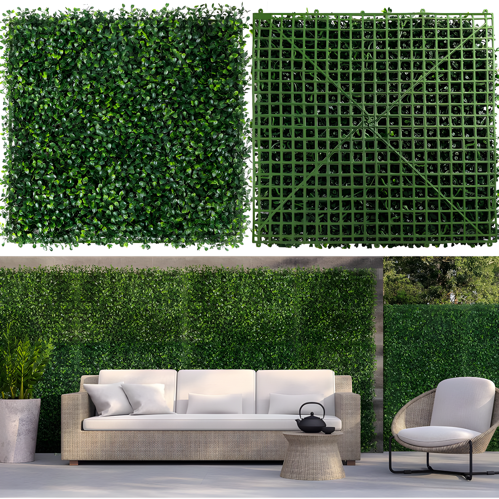 Artificial Boxwood Plant Hedge, Green Grass Backdrop, Indoor and Outdoor Use (Set of 12)