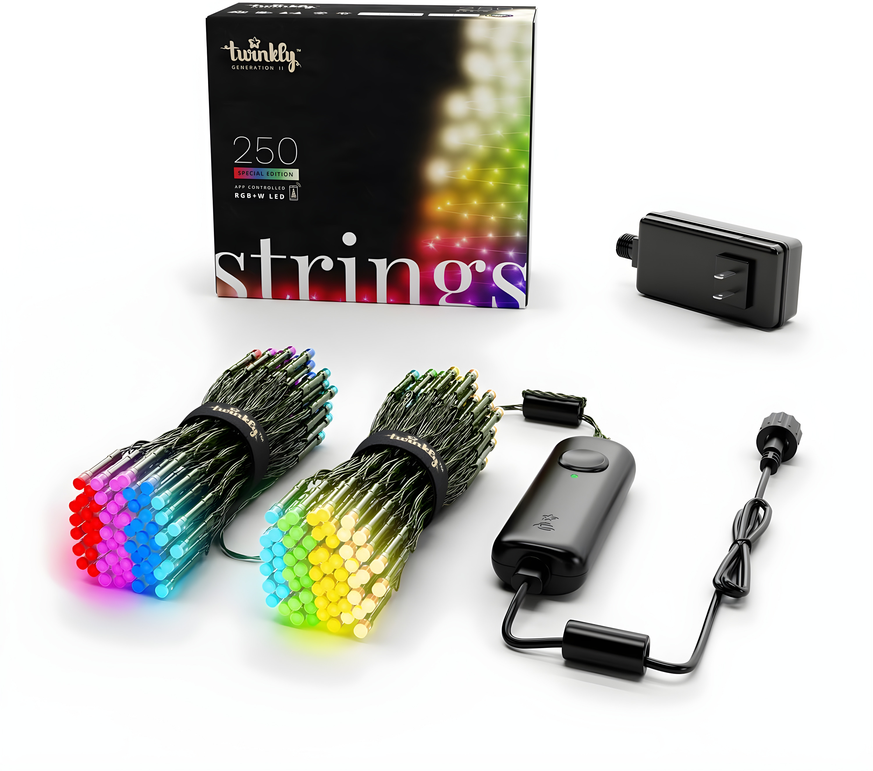 Twinkly Strings 250 LED RGB+White, in- and Outdoor LED Light String, Smart Multicolor LED Lights, Mappable LEDs, Compatible with Alexa and Google Home, IP44, Green Wire, 65ft