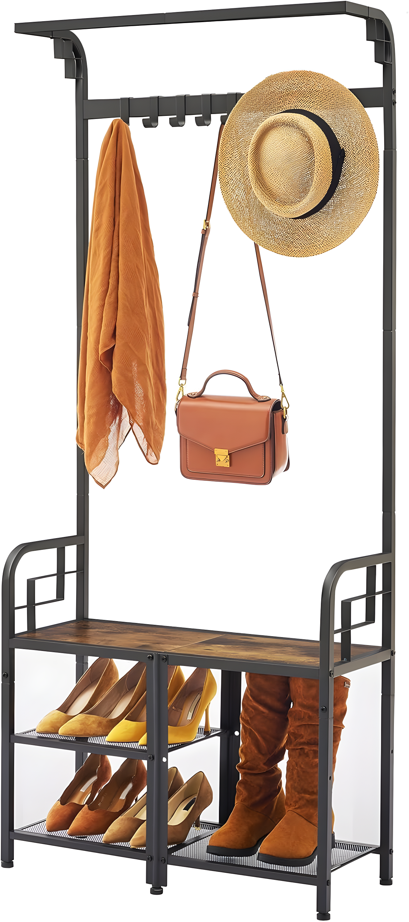 Tajsoon Coat Rack, Hall Tree with Shoe Bench for Entryway, 3-in-1 Shoe Rack Different Heights, Entryway Bench with Coat Rack, Metal, Rustic Brown and Black