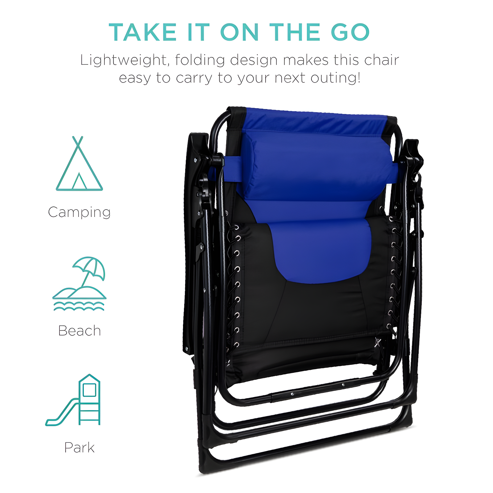 Best Choice Products Oversized Padded Zero Gravity Chair, Folding Outdoor Patio Recliner w/ Side Tray - Black/Blue