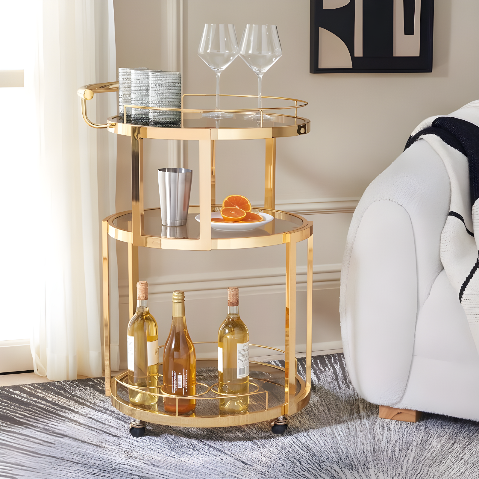 Rio 3 Tier Round Bar Cart - BCT8002A - Gold/Tea - Safavieh