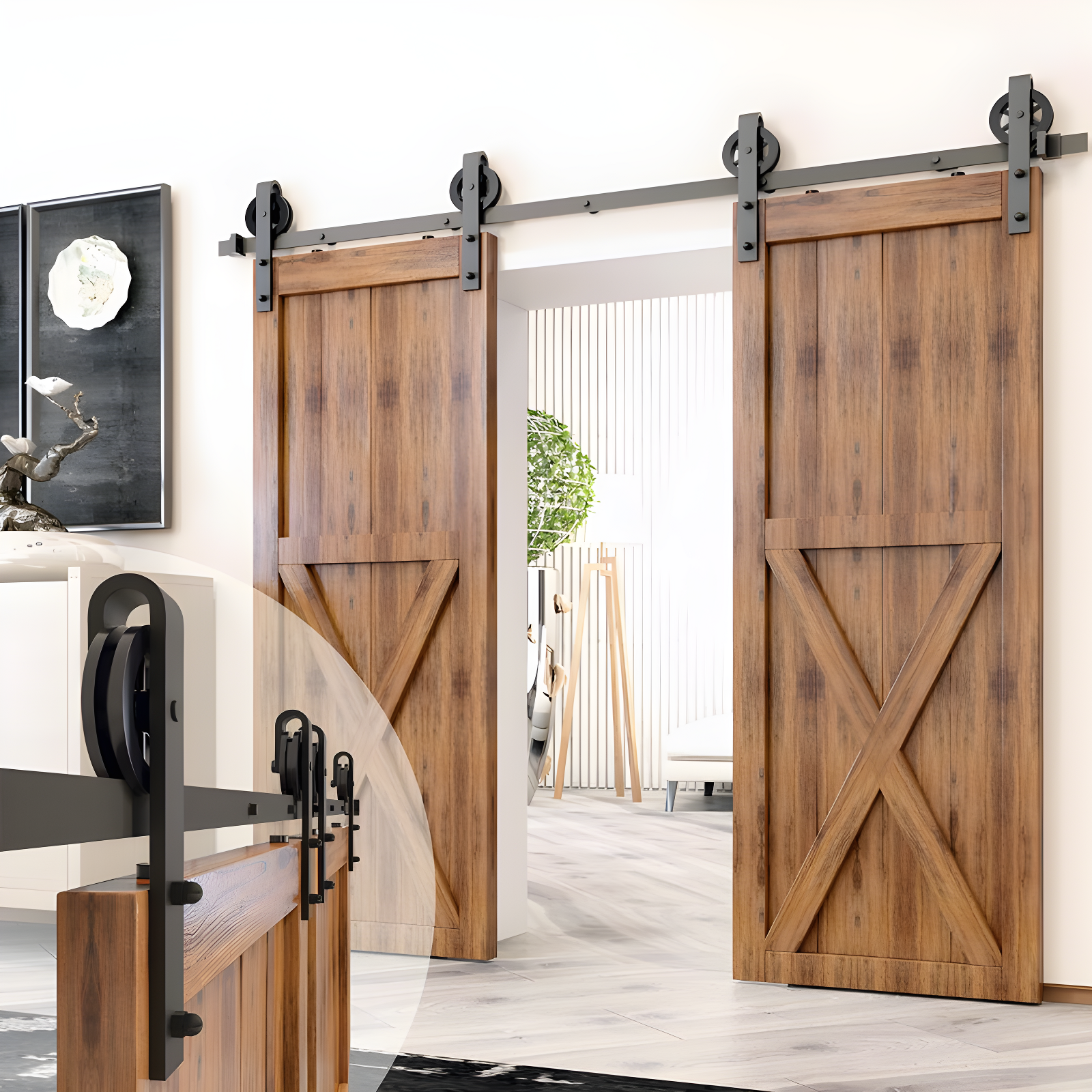 Homacer Black Rustic Spoke Wheel Design Non-Bypass Double Barn Door Hardware Kit( Door Not Included)