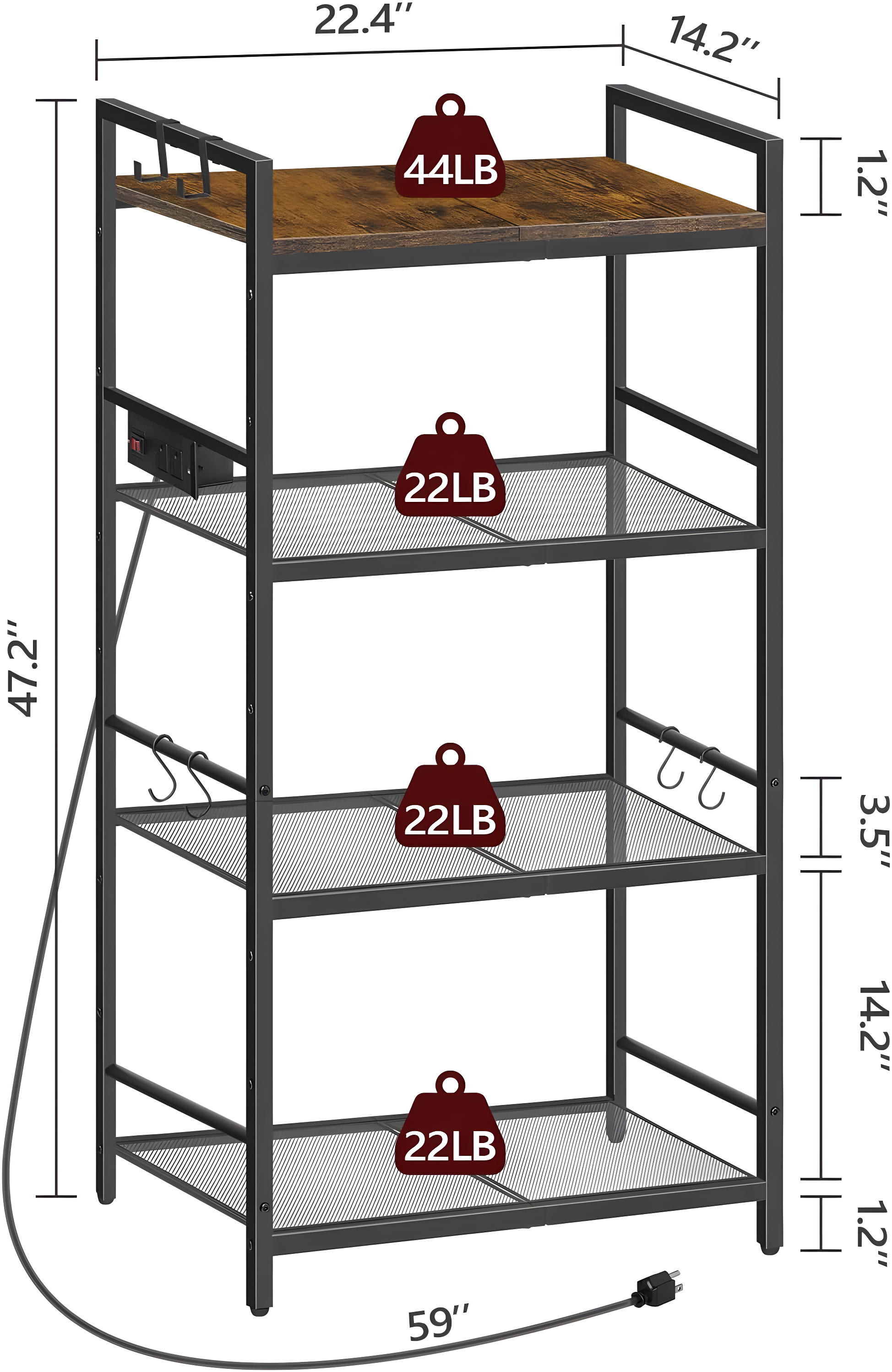 Bakers Rack with Power Outlet, Microwave Stand with Hooks, Multifunctional Storage Rack, Coffee Bar with Enclosure, Kitchen Storage Shelf, for Kitchen, Dining Room, Rustic Brown BRHR40E01N1