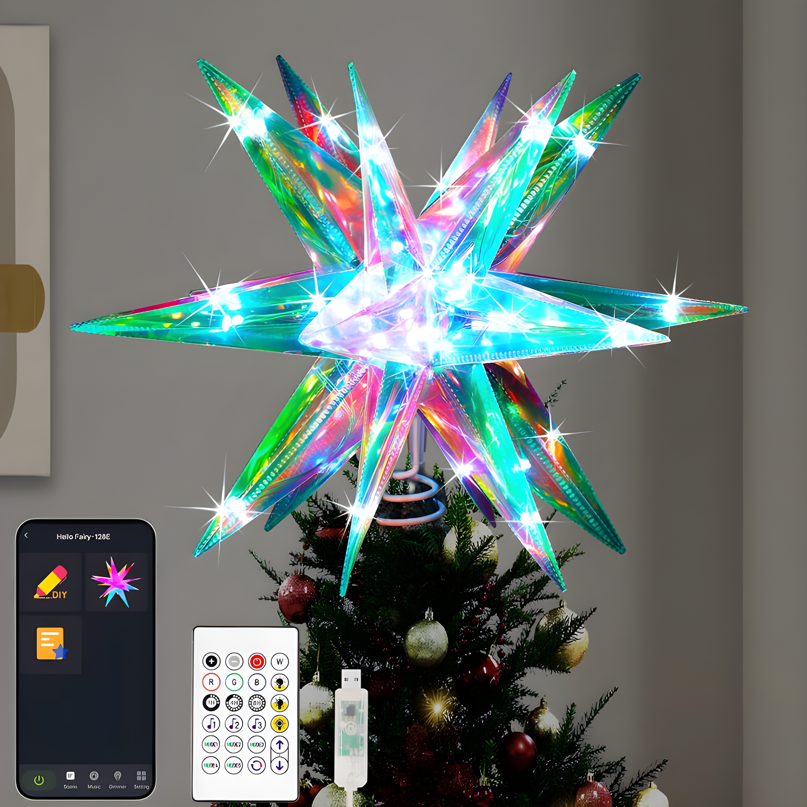 The Holiday Aisle® Christmas Star Tree Topper, 13.8" Xmas Smart Tree Decorations, Crystal-Like 3D Polygonal Shell, App Control LED Christmas Light, Music Sync RGB Color Changing With Remote For Indoor And Outdoor Decor